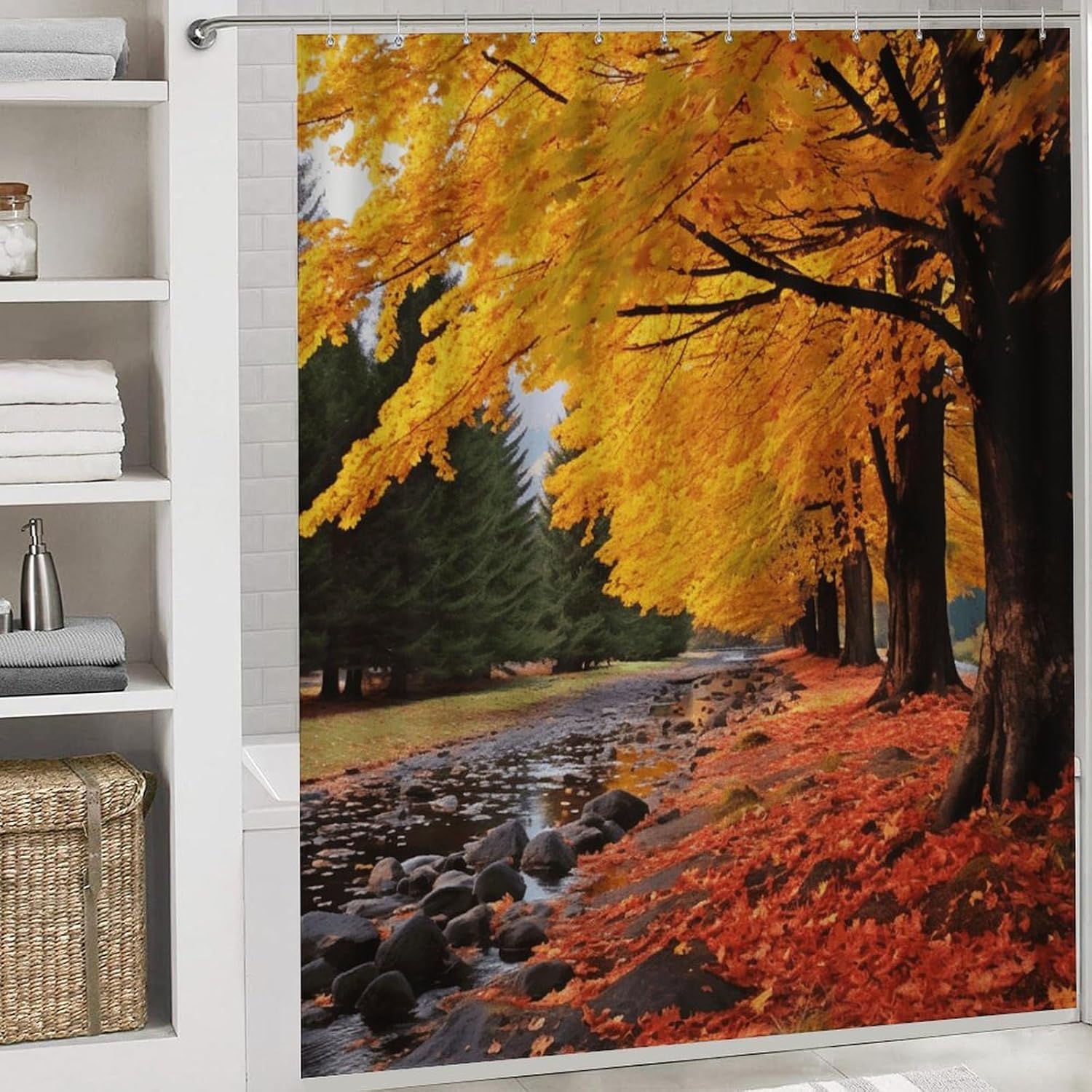 Fall Colors 4Pcs Shower Curtain Set with Non-Slip Rugs, Toilet Lid Cover and Bath Mat,Bathroom Set Decor Accessories,Curtain Set with 12 Hooks, 72 X 72 Inch