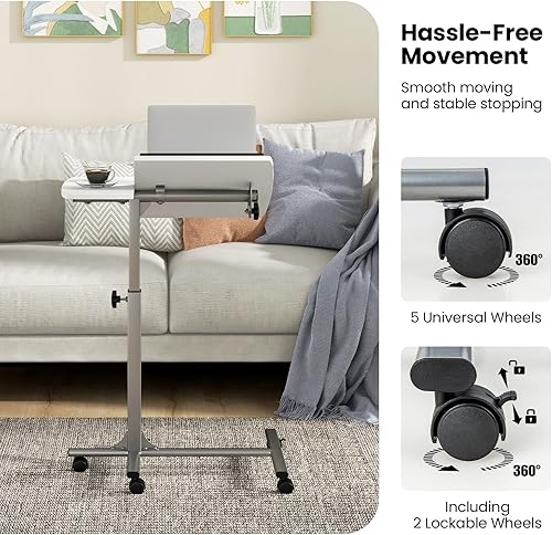 Miniatura 6 de COSTWAY Soporte rodante para laptop, bandeja para portátil y carrito con mesa inclinable giratoria de 45 grados, podio móvil ajustable en altura de
