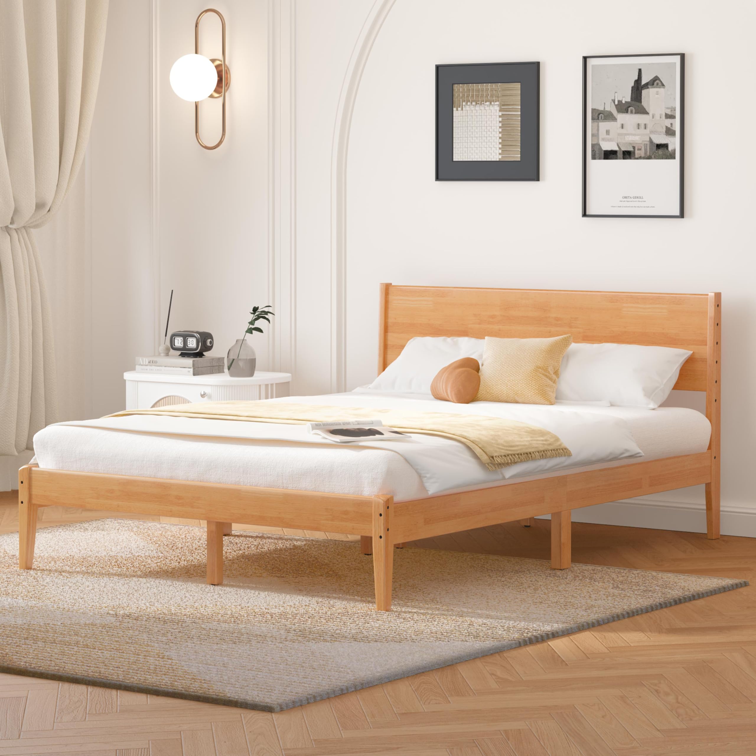 Photo 1 of MORDEER Queen Bed Frame with Headboard, Malaysian Oak Queen Bed Frame No Box Spring Needed, Farmhouse Platform Bed Frame with 12 Slats Support, Easy Assembly, Rustic Pine