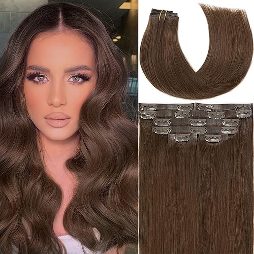 Lacer Hair Seamless Clip in Human Hair Extensions 9A Grade Virgin Hair Clip Ins with Invisible Tape Weft #4 Chocolate Brown Color 7pcs 110g Remy Human Hair Clip in Extensions for Women 14 Inch