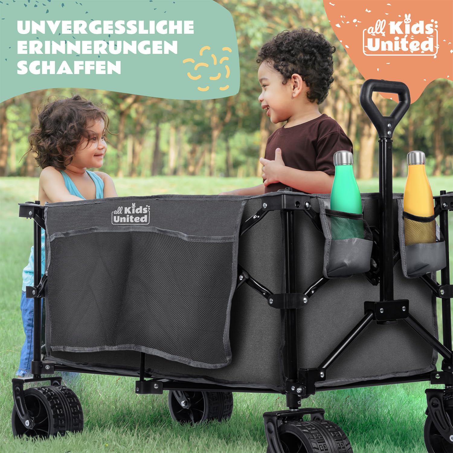 Faltbarer Bollerwagen Handwagen Transportkarre; Strand-Buggy bis 90L&150kg; XXL Geländeräder mit Bremse; Leiterwagen; Camping-Wagen für Strand, Garten & Outdoor; Verstellbarer Griff & Tasche (Grau)