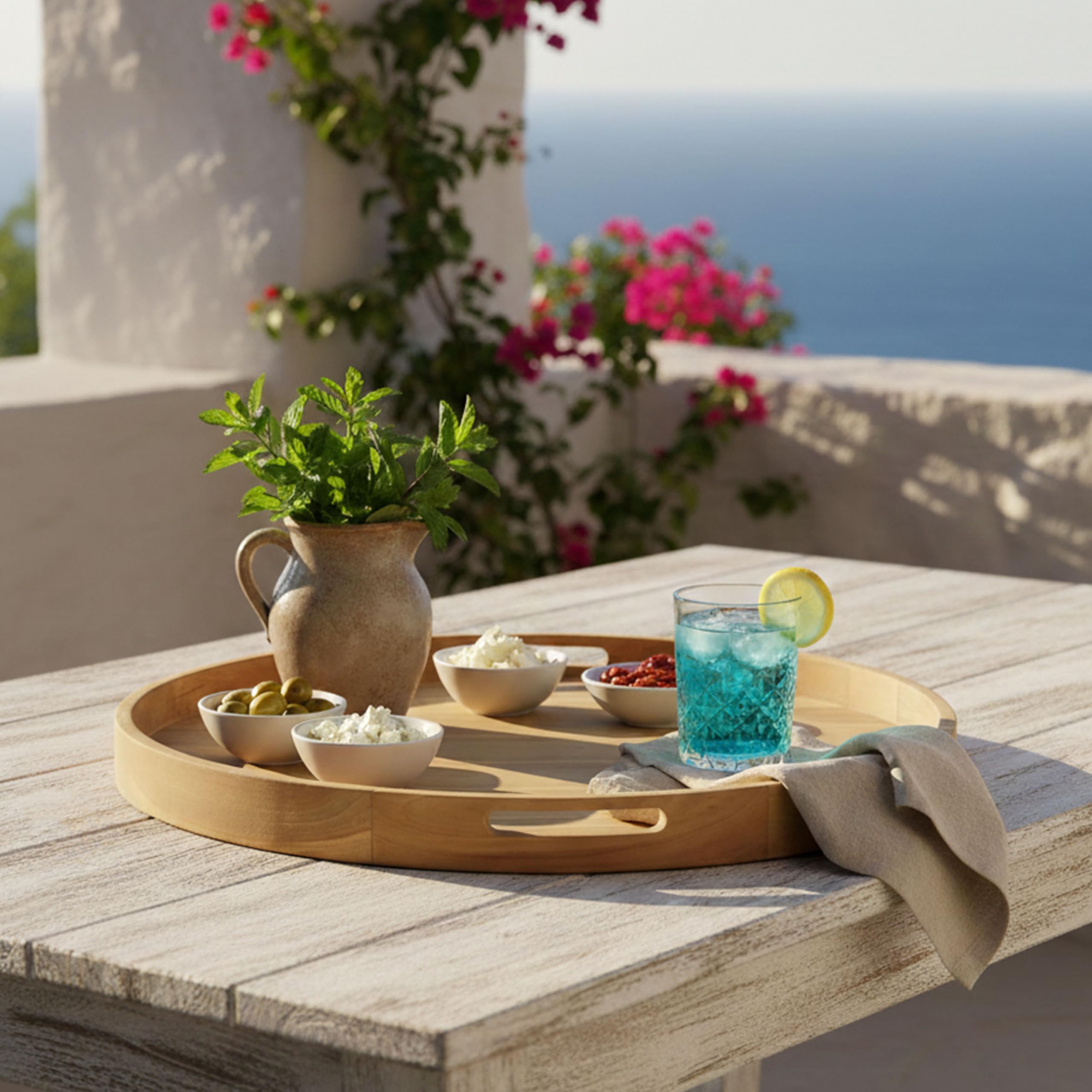 AXI Dewi Bandeja Redonda de Madera de Teca Diam 80 cm | Plato con Asas Abiertas y Borde Elevado Bebidas, Vasos y Accesorios.