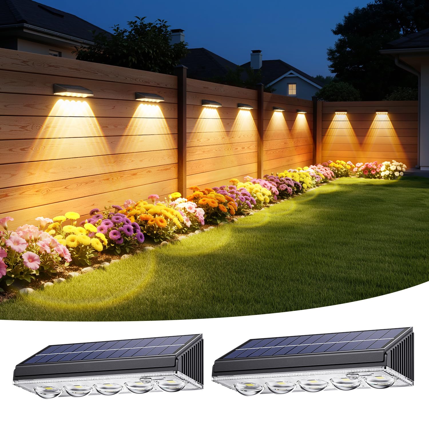 GEARLITE Solar Lights 2 Pack, 5-Convex Lens Solar Fence Lights, IP65 Waterproof Solar Wall Lights 9 Colors 10 Modes RGB, Outdoor Lights for Yard Patio Pathway Deck Pool Step
