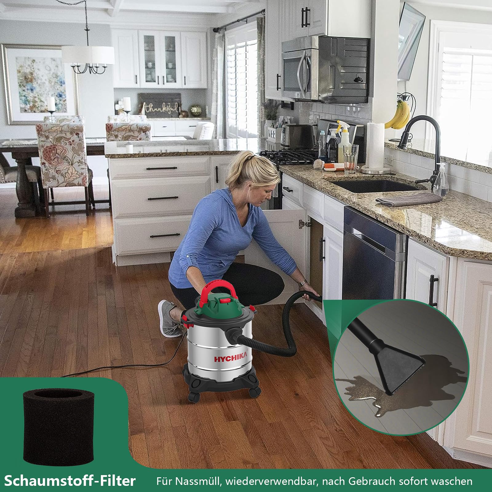 HYCHIKA Nass Trockensauger, 1200W Industriestaubsauger 20L Edelstahlbehälter, Nass- & Trockensauger Blasen, mit HEPA-Filter und Zubehör ideal für Industrie und Haushalt