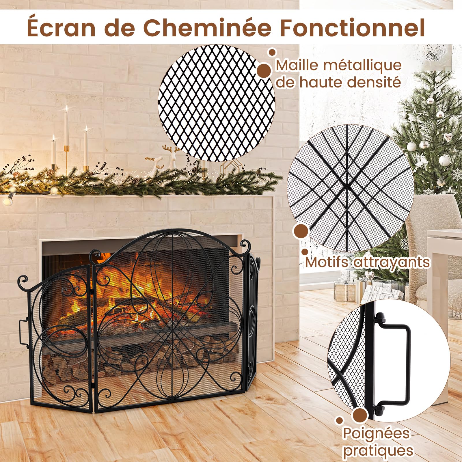 COSTWAY Pare Feu Cheminée Pliable 3 Panneaux, Écran de Cheminée en Fer Forgé, 151 x 83 cm, Pare-étincelles en Maille Design Fleur, Aucun assemblage, Grille de Protection pour Poêle
