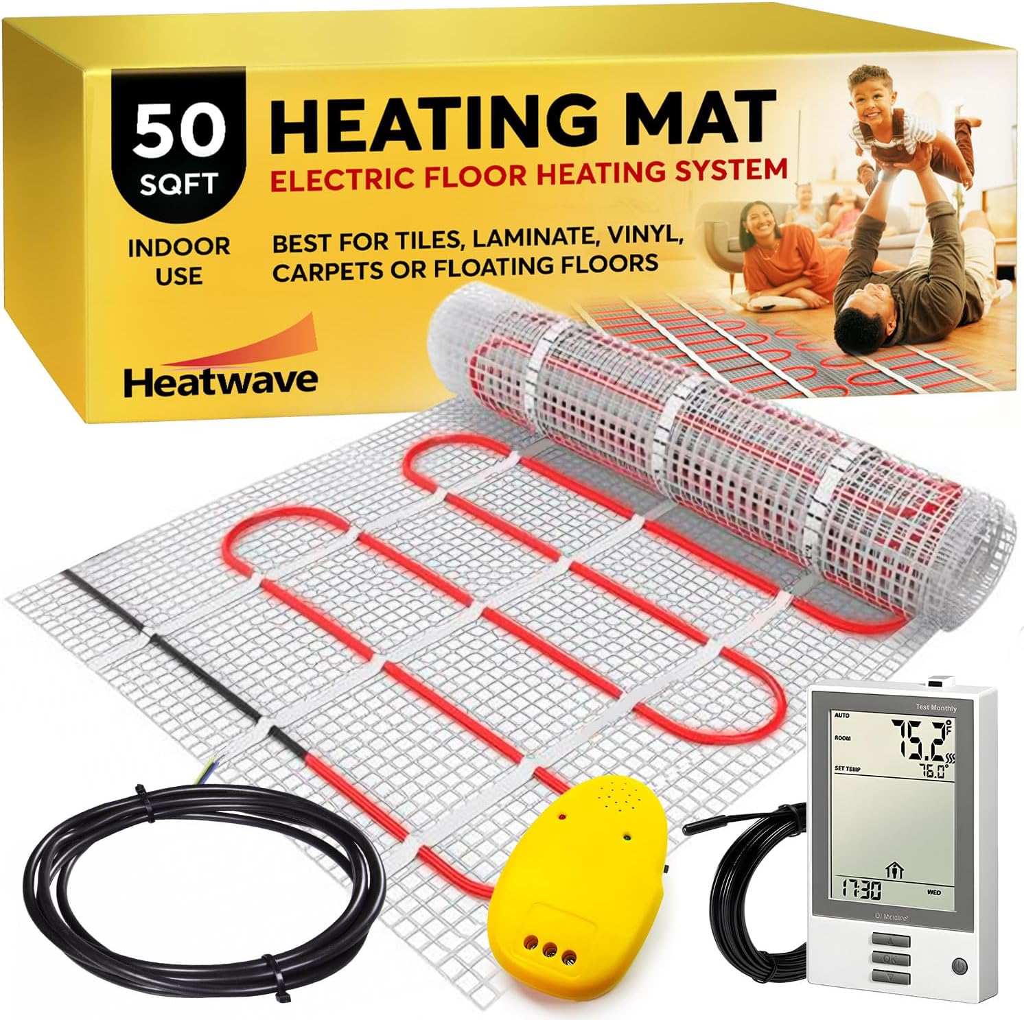 Electric Floor Heating System for Tile 50 sqft 120V 5Amps 600Watts-Heated Flooring System for Bathroom Floor Heating Kit Underfloor Comfort Heat 7Day/4Event Programmable GFCI Thermostat by Heatwave Electric Floor Heating System for Tile 50 sqft 120V 5Amps 600Watts-Heated Flooring System for Bathroom Floor Heating Kit Underfloor Comfort Heat 7Day/4Event Programmable GFCI Thermostat by Heatwave