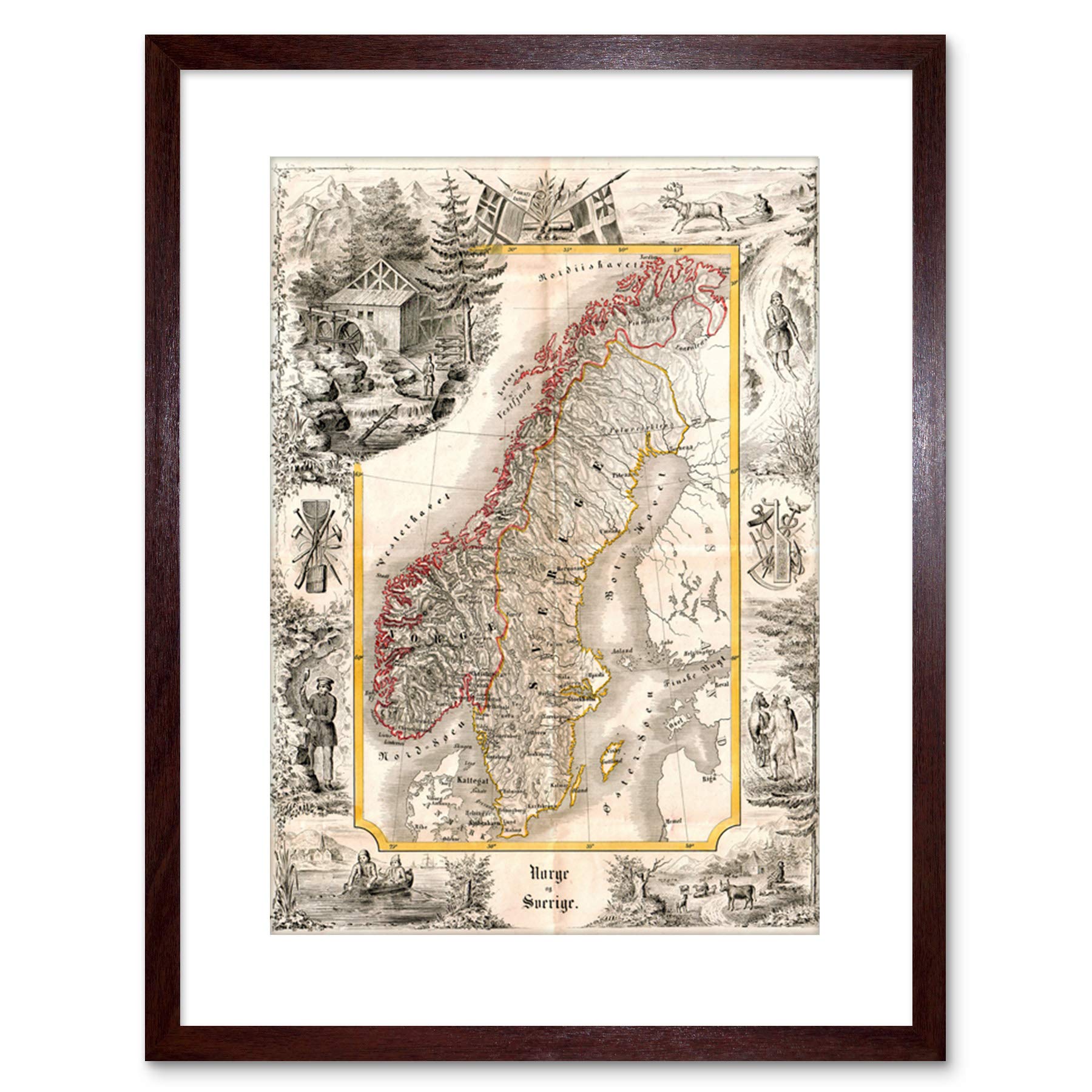 Wee Blue Coo Map Antique 1847 Munch Norway Sweden Decorative Framed Art Print