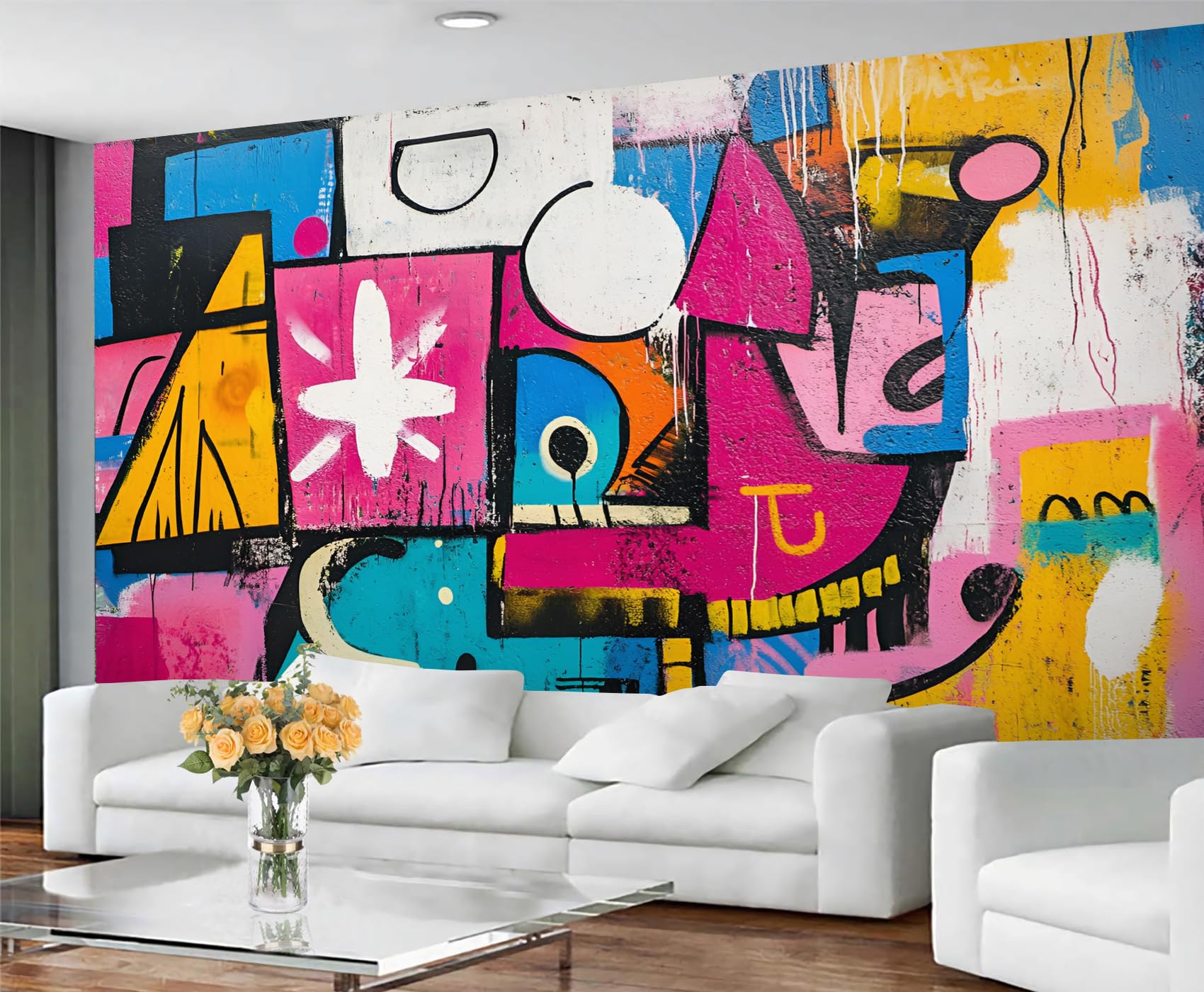 GIVLWF Graffiti Wallpaper, Geometric Graffiti Self Adhesive Wallpaper for Living Room, Colorful Wall Paper for Bedroom, Retro 80s Wall Mural, Pop Art Large Mural & Room Decor