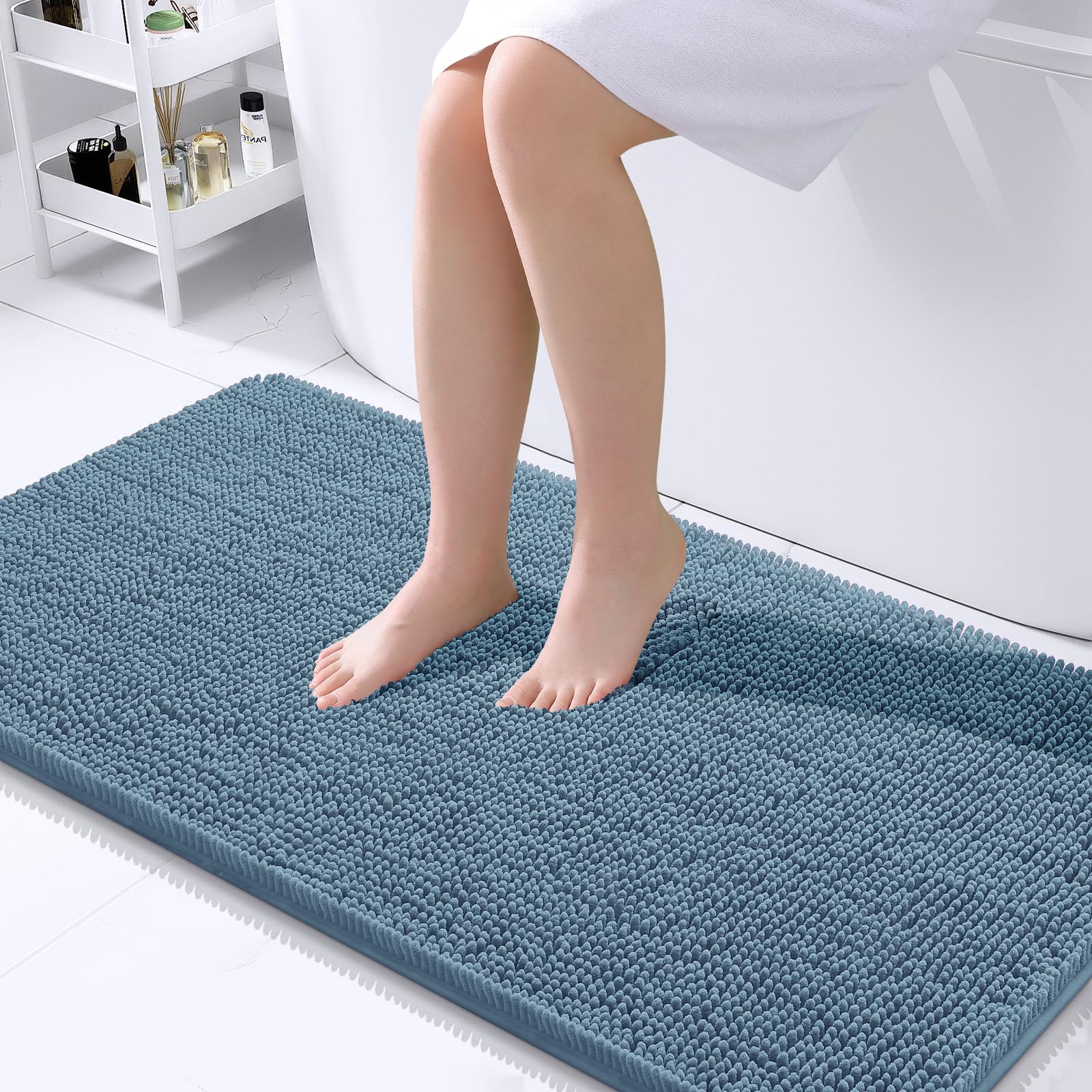 OLANLY Bathroom Rugs 44x24, Extra Soft Absorbent Chenille Bath Rugs, Rubber Backing Quick Dry, Machine Washable Bath Mats for Bathroom Floor, Tub and Shower, Home Decor Accessories, Airy Blue