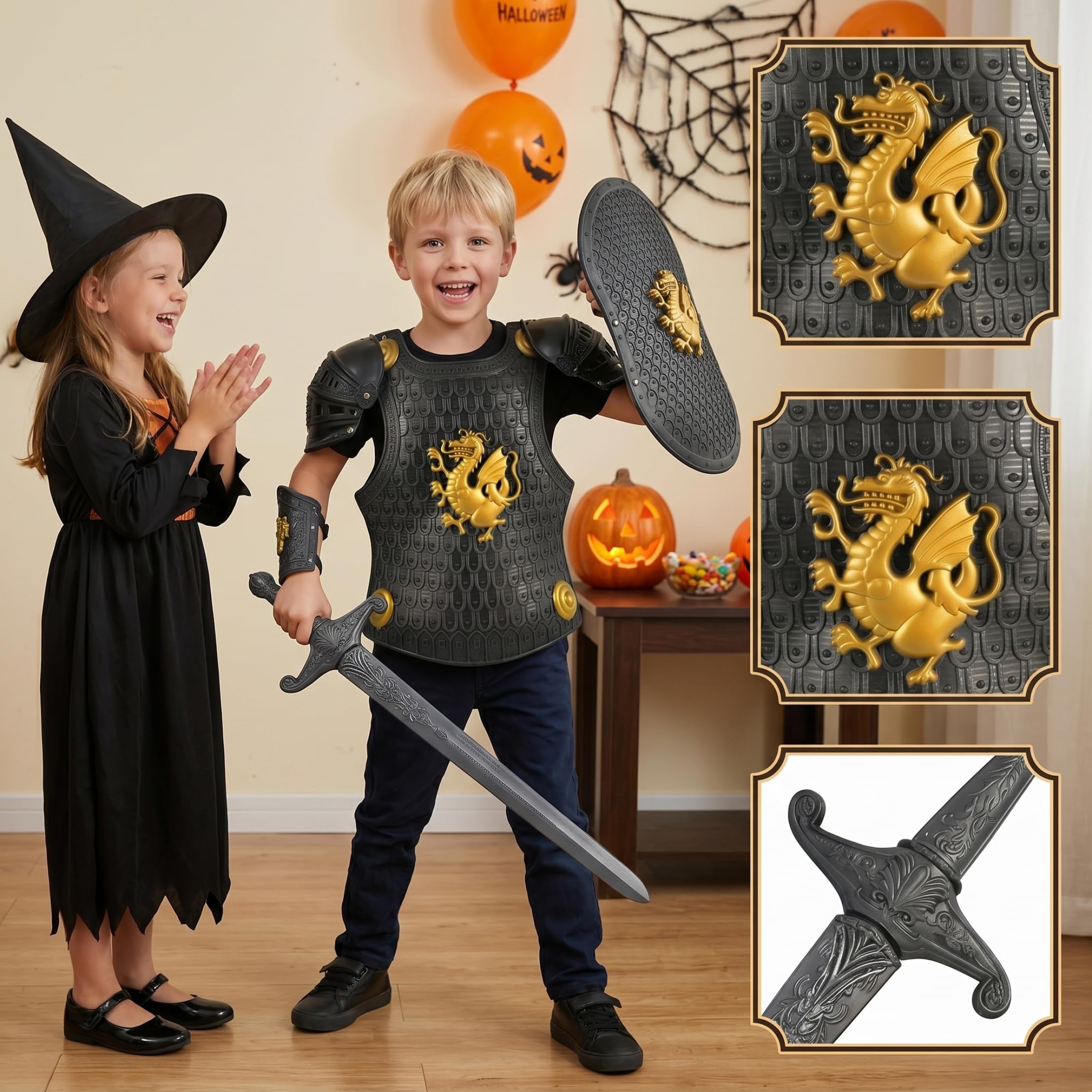 Costume da cavaliere nero per bambini con spada, scudo e elmo, set di armature di Halloween a tema drago