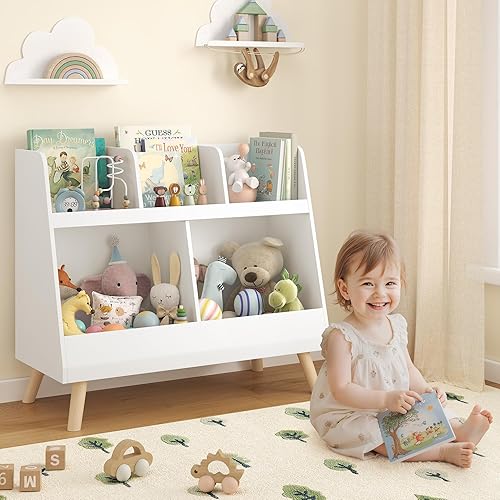 Curipeer Kids Bookshelf and Toy Organizer, 5 Cubbies Wooden Open Bookcase, 2-Tier Baby Storage Display with Legs, Free Standing Bookshelf for Playing Room, Bedroom, Nursery, Classroom, White