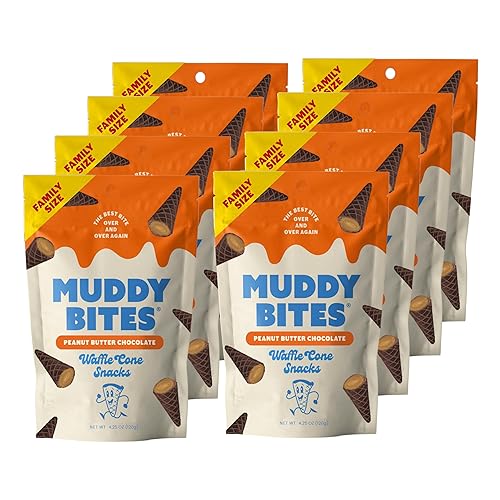Muddy Bites Waffle Cone Snacks Bite Sized Chocolate Filled Cones for Dessert, Ice Cream Topping, Premium, Kosher(Peanut Butter Chocolate, 8 Bags) - Peanut Butter Chocolate - 4.25 oz (Pack of 8)