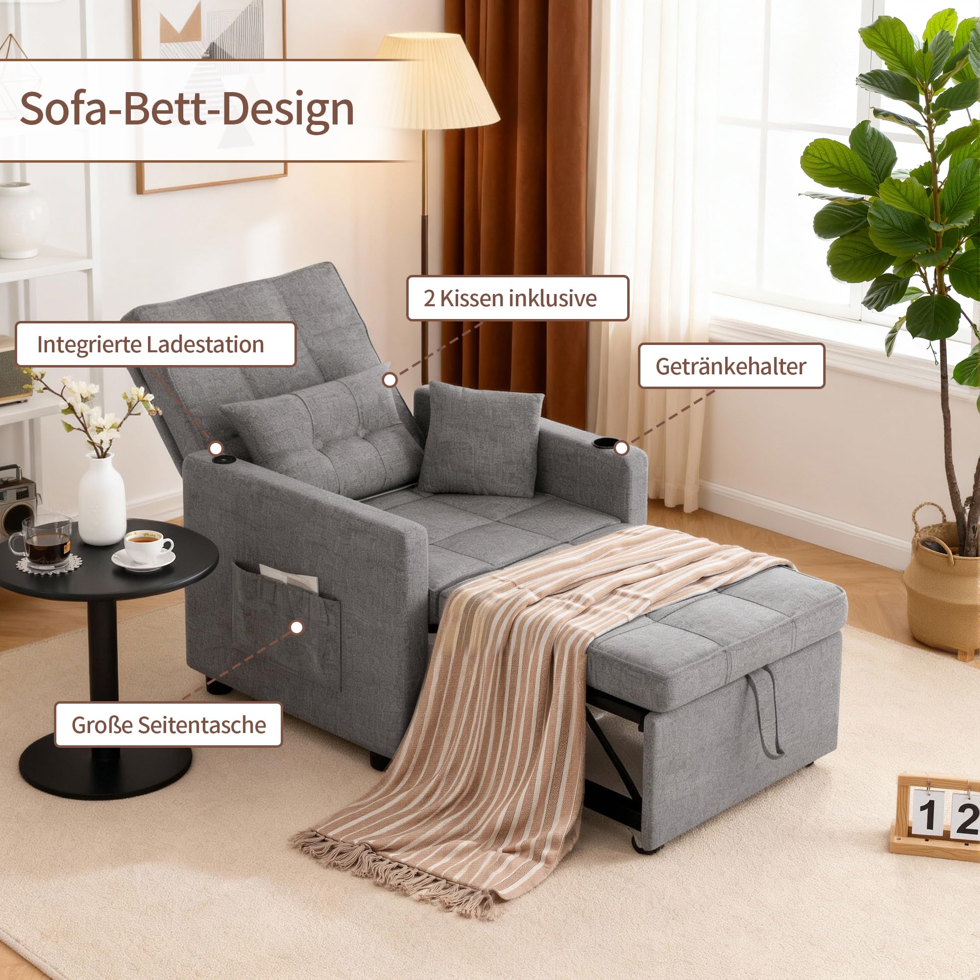 BonVache 3-in-1 Schlafsessel mit Bettfunktion, 5-stufig Verstellbarer Rückenlehne, Schlafsofa mit Kissen und Seitentasche, Schlafcouch mit Getränkehalter und USB- & USB-C-Anschluss, Dunkelgrau