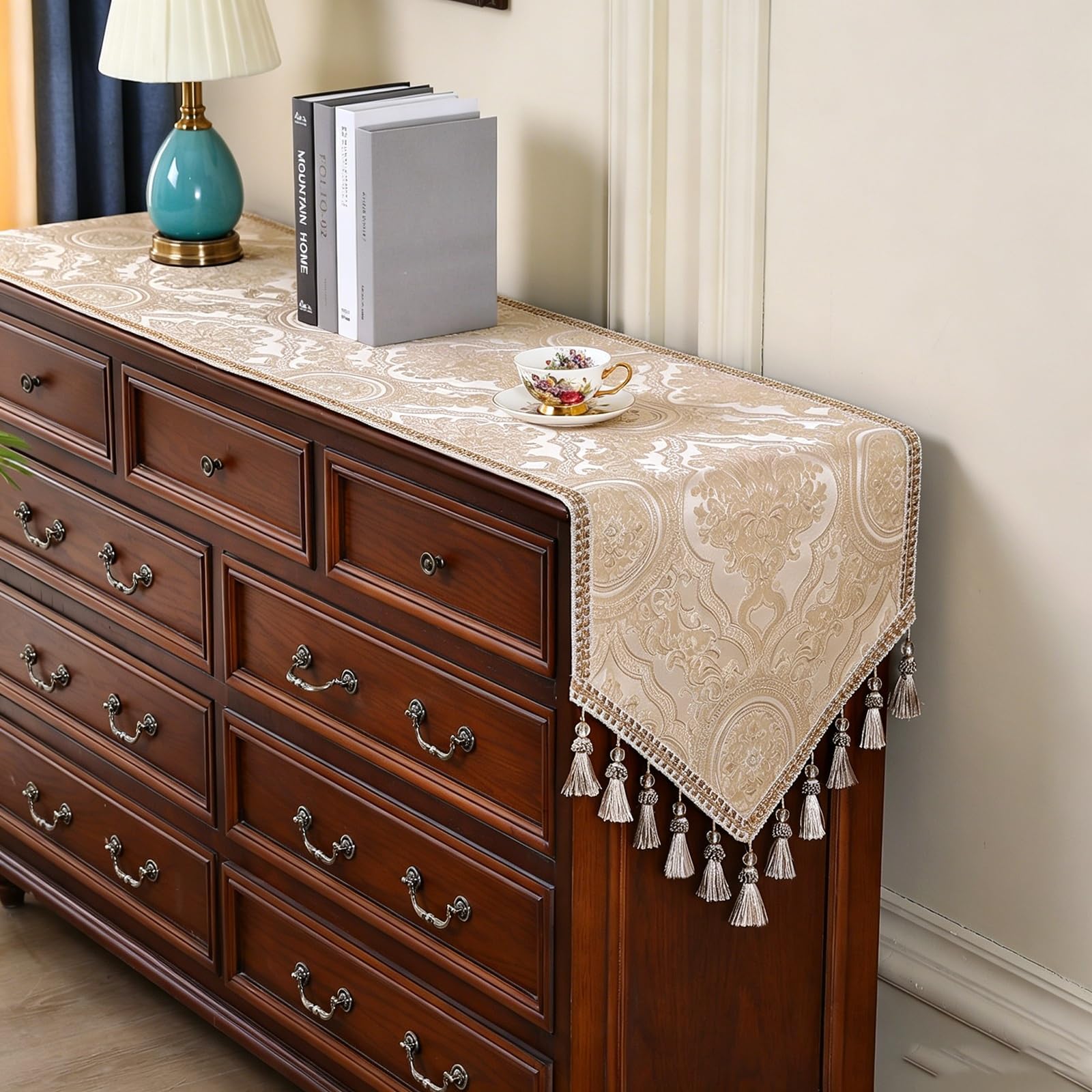 Camino de Mesa Camino De Mesa Bordado para Mesa De Comedor Largo 200 180 160 130 100 Cm, 30 40 50cm De Ancho, Protector Superior De Tocador con Borlas, Mantel para Mesita De Noche(Beige,40x200cm)