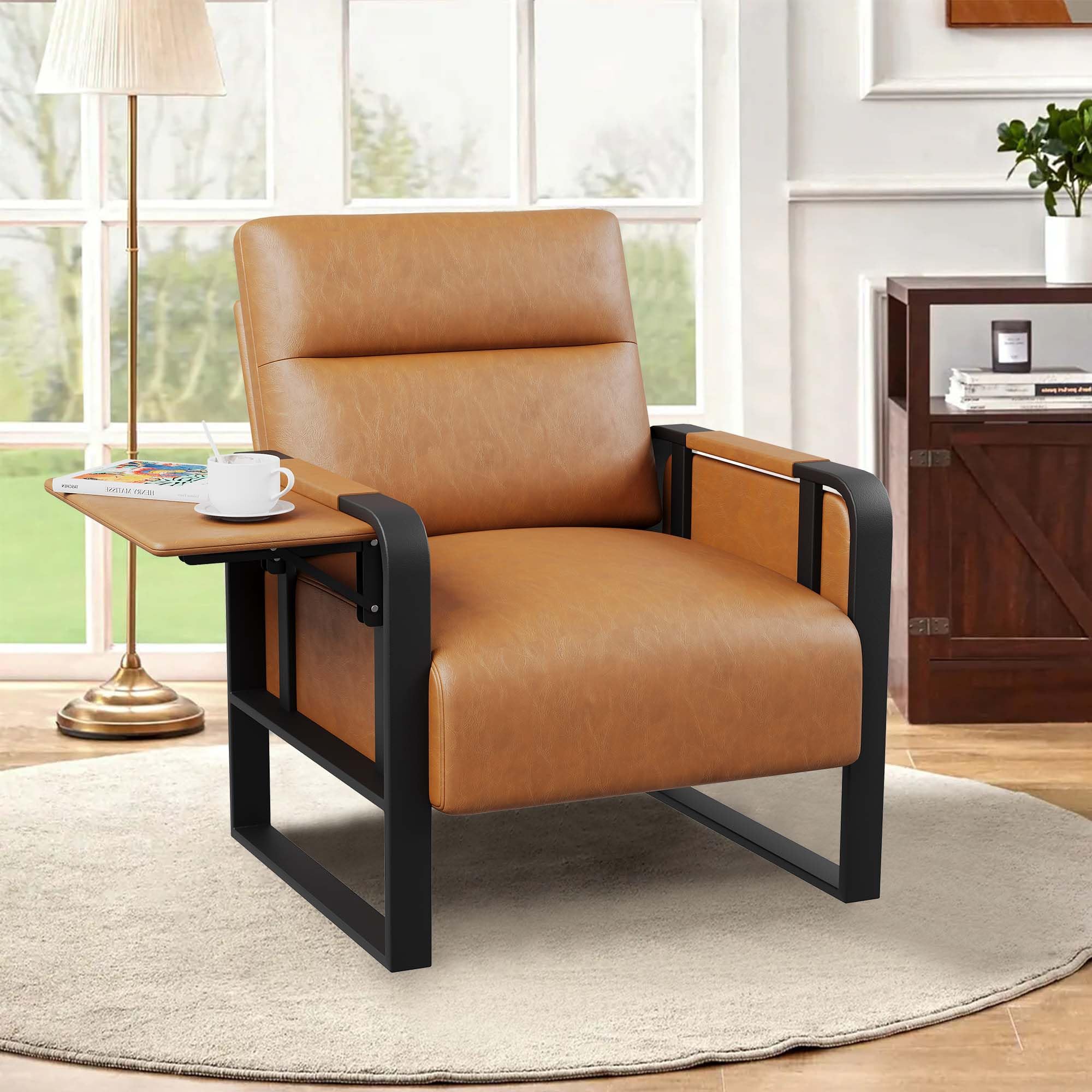 Apeaka Brown Accent Chair PU Leather Upholstered Armchair with Side Table
