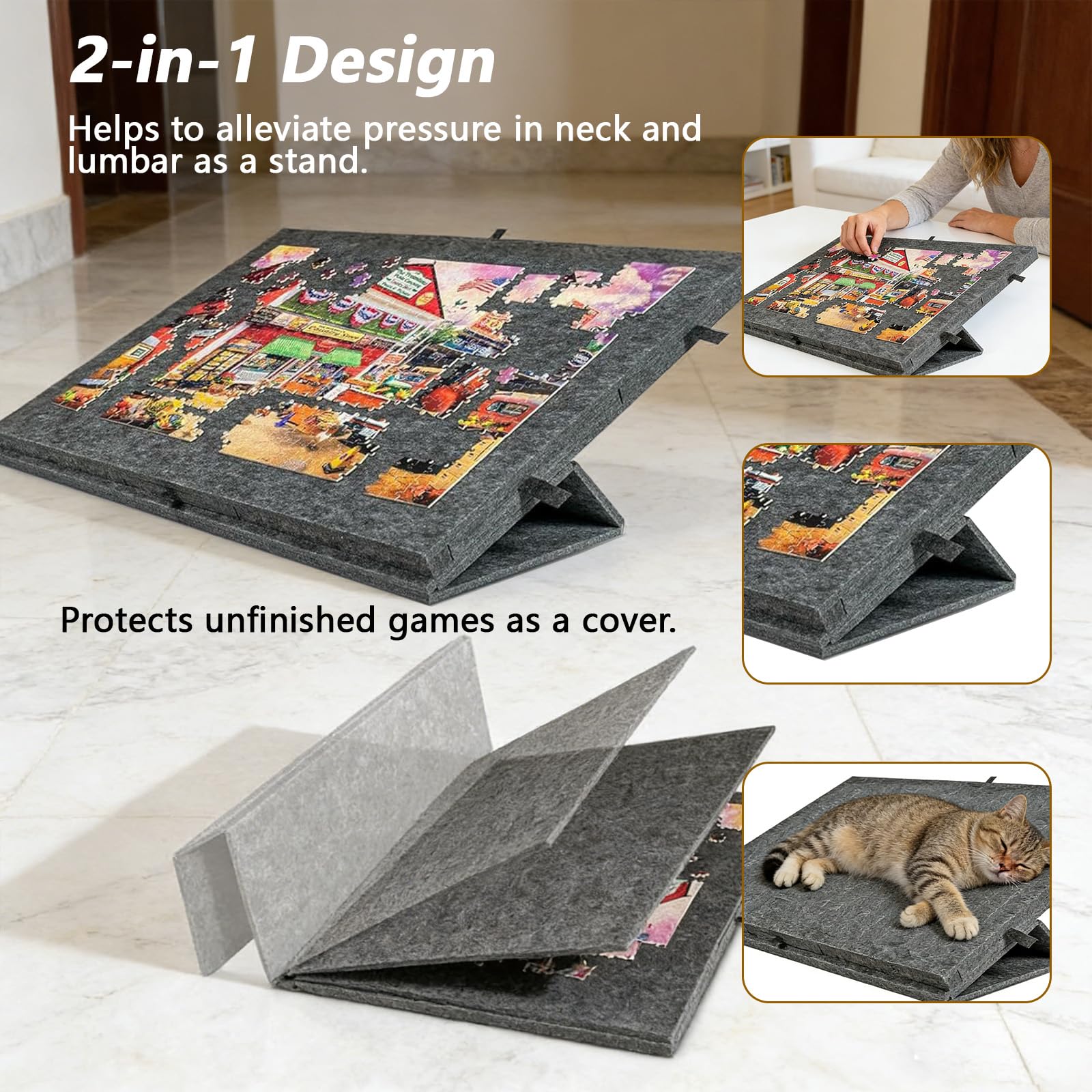 Planche de Puzzle Inclinable 2 en 1,Planche à Puzzle Portable avec 6 Tiroirs & Couvercle,Table de Puzzle en Feutre Super Légère,Support Inclinable à Velcro,pour Enfants et Adultes (Gris argenté) - 3