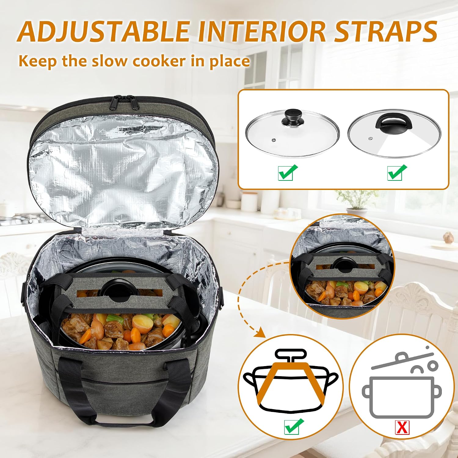 Condition photo showing New/Like New for luxja oval insulated slow cooker carrying bag compatible with 3 quart crock-pot, double layer carrier bag with lid straps for 3 quart slow cooker (bag only), gray