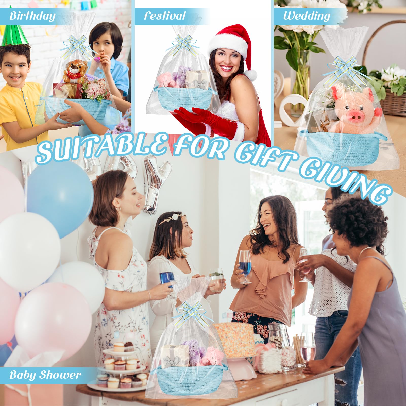 Wesiti 6 Pieces Empty Gift Basket with 10 Shrink Wrap Bags and 12 Bows, Woven Basket with Handles, Rope Basket for Storage Wedding Birthday Party Baby Shower Christmas Graduation Holiday (Light Blue)