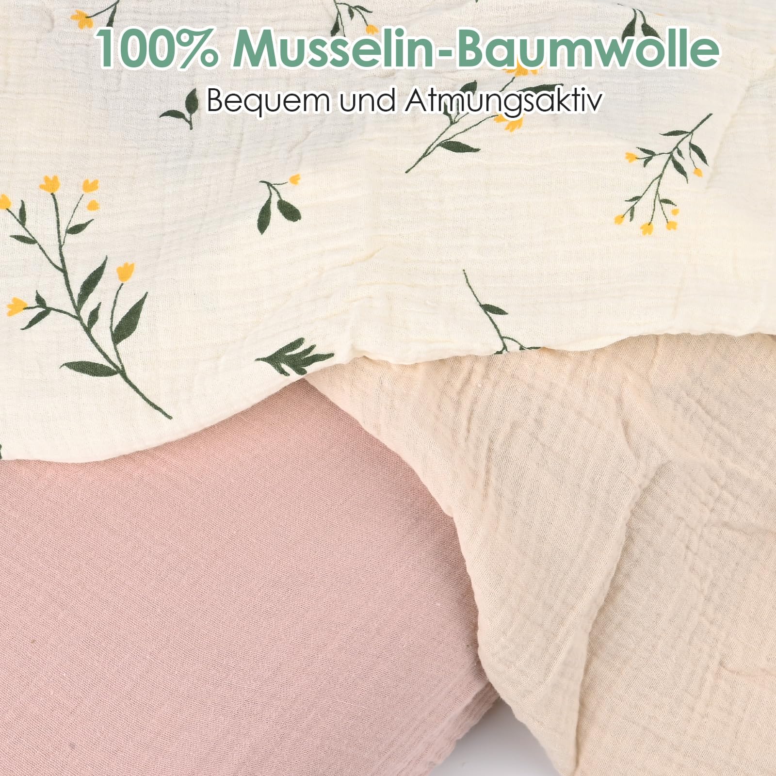3 Stück Baby-Bettlaken, 83 × 43 cm, Universelle Spannbettlaken für Kinderwagen, 100% Musselin-Baumwolle, Baby Spannbettlaken, Reisebett Spannlaken Beistellbett Leintücher (Gelbe Blume)
