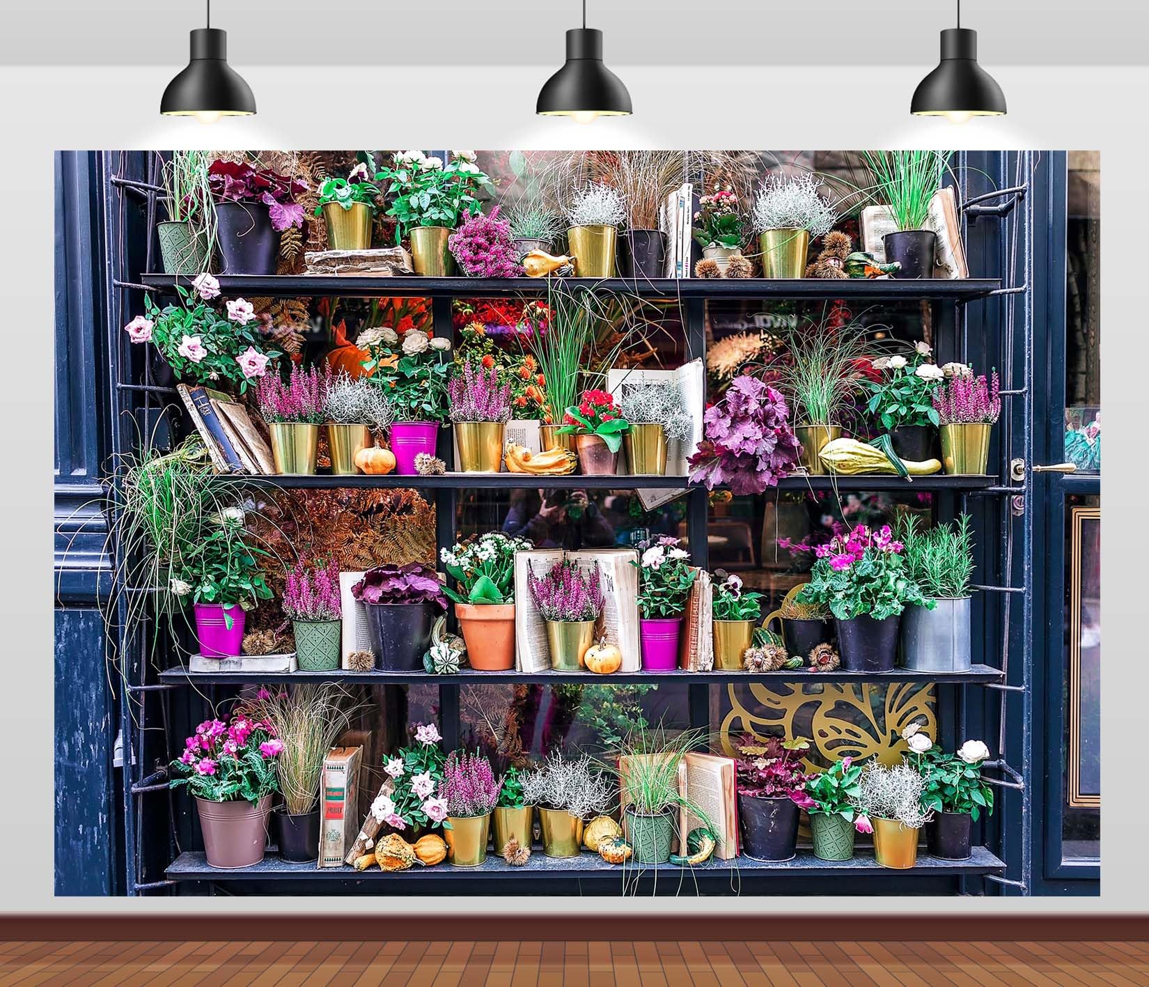 Flower Shop Backdrop Various Floral Design Florist Salon Photography Background Spring Town Landscape Background Blooming Backdrop Wedding Party Banner Portrait Photo Studio Props 7x5ft