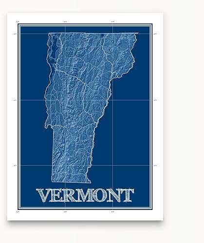 Vermont Map Print, Blueprint Wall Art Poster, VT Decor, US State Maps