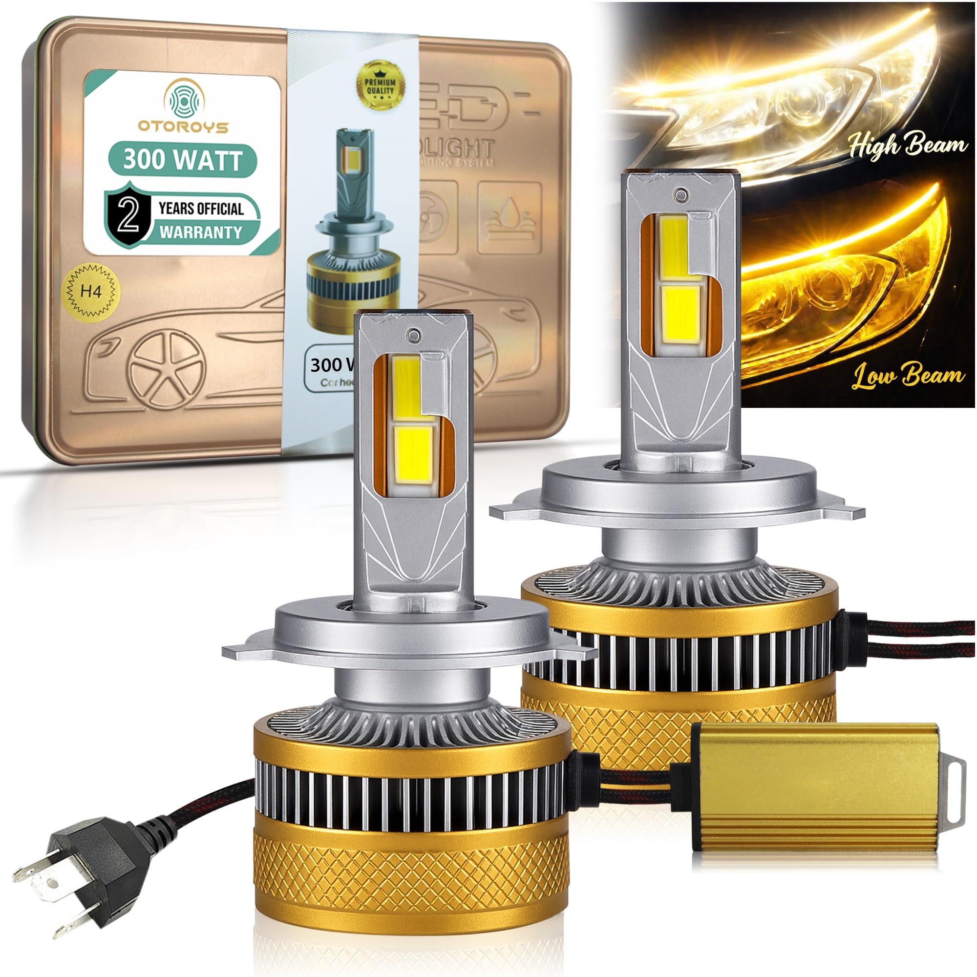 OTOROYS 300W H4/H19 LED Headlight Bulbs for Car, 30,000LM Super Bright Dual Color Low Yellow & High Yellow/White 6500K | Plug & Play LED Headlights | Pack of 2 | 2 Years Warranty, Car Accessories-image-37