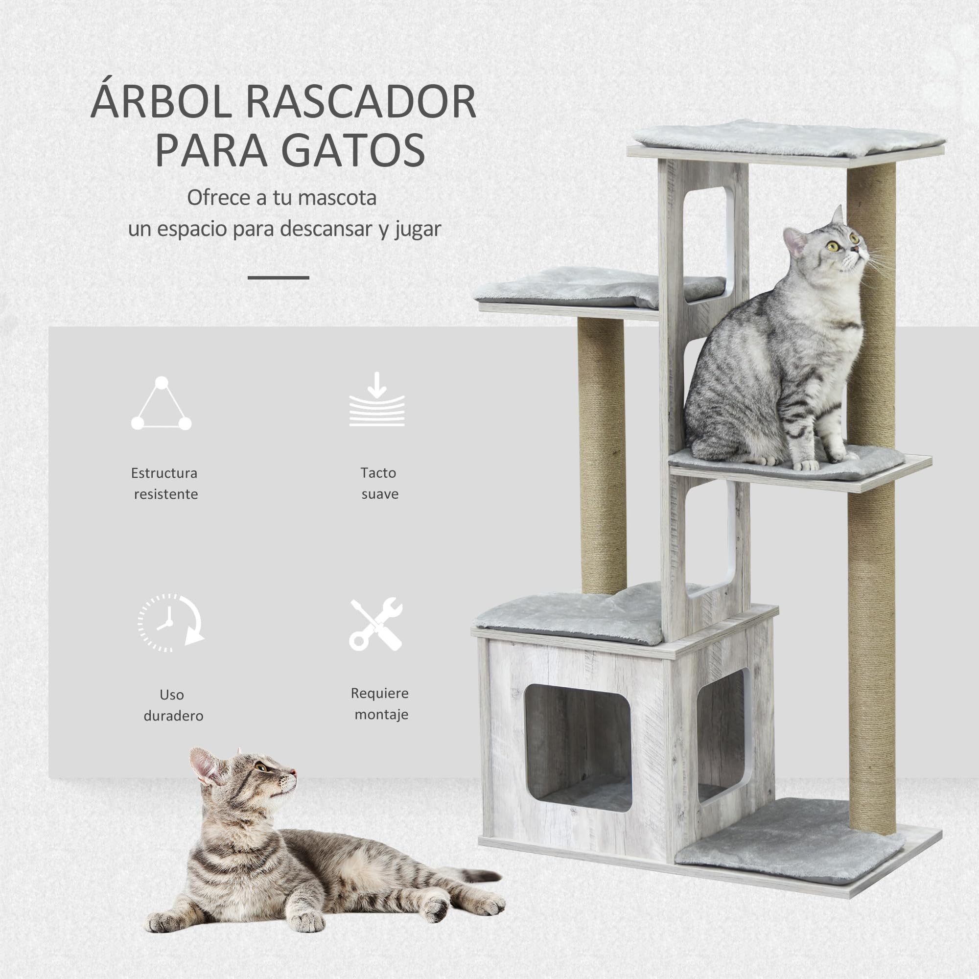 PawHut Árbol Rascador para Gatos con Cueva de Madera 67x38,5x114 cm Gris | Torre de Escalada de Gatos, Múltiples Plataformas, Postes de Rascar de Yute, Juego y Descanso