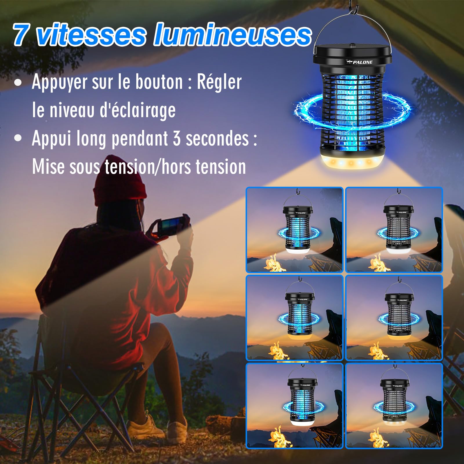 PALONE Lampe Anti Moustique Solaire LED, 4500 V USB-C Rechargeable, Tue Mouche Electrique avec Panneau Solaire 3,5W/5V & Câble 3,5M et Câble de Charge Type-C pour Intérieur/Extérieur