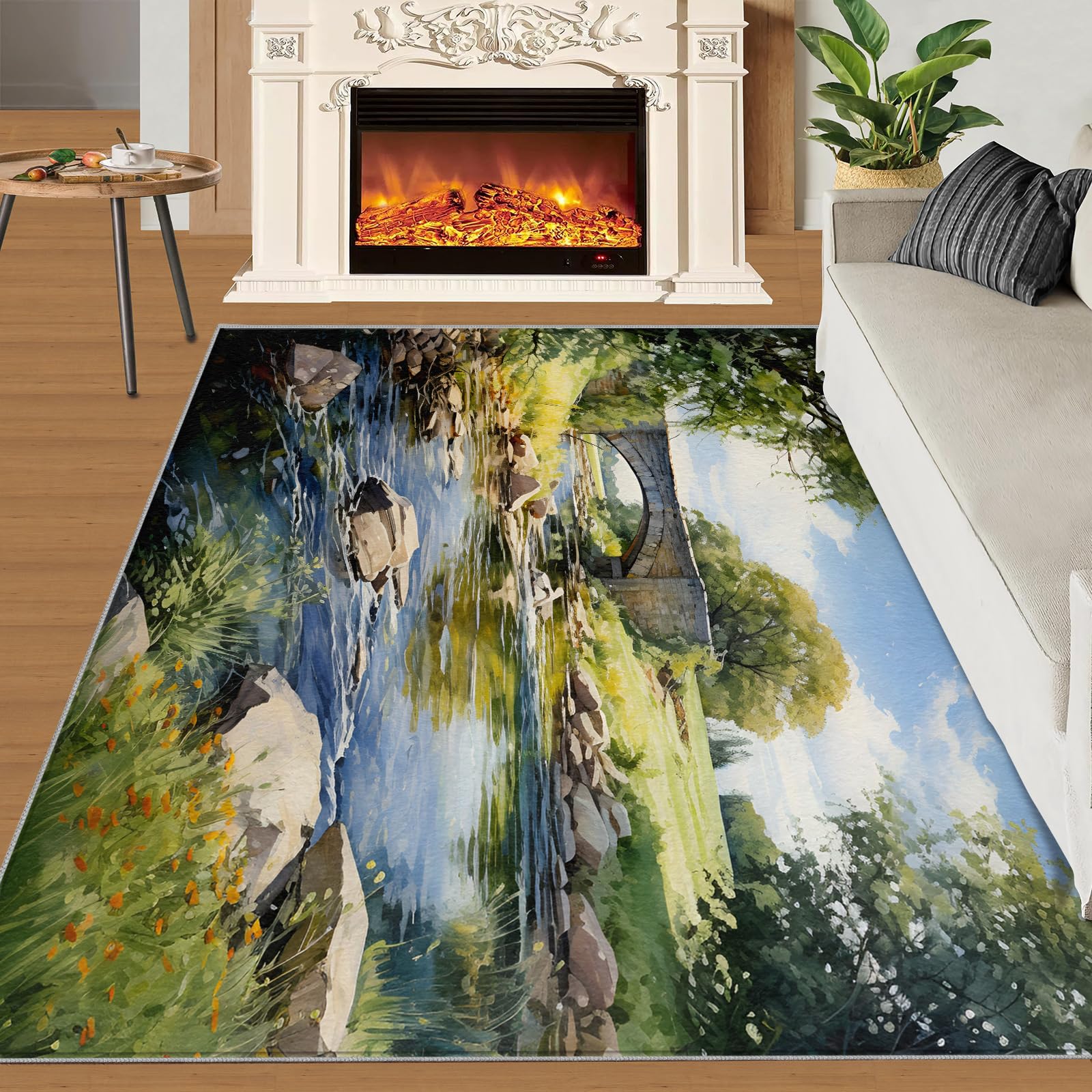 XEODIAT Stream Scenery Area Rug Stone Bridge Natural Landscape Non Slip Cushioned, Easy Clean Floor Carpet for Entrance Bedroom Bathroom Kitchen 50 x 80 cm