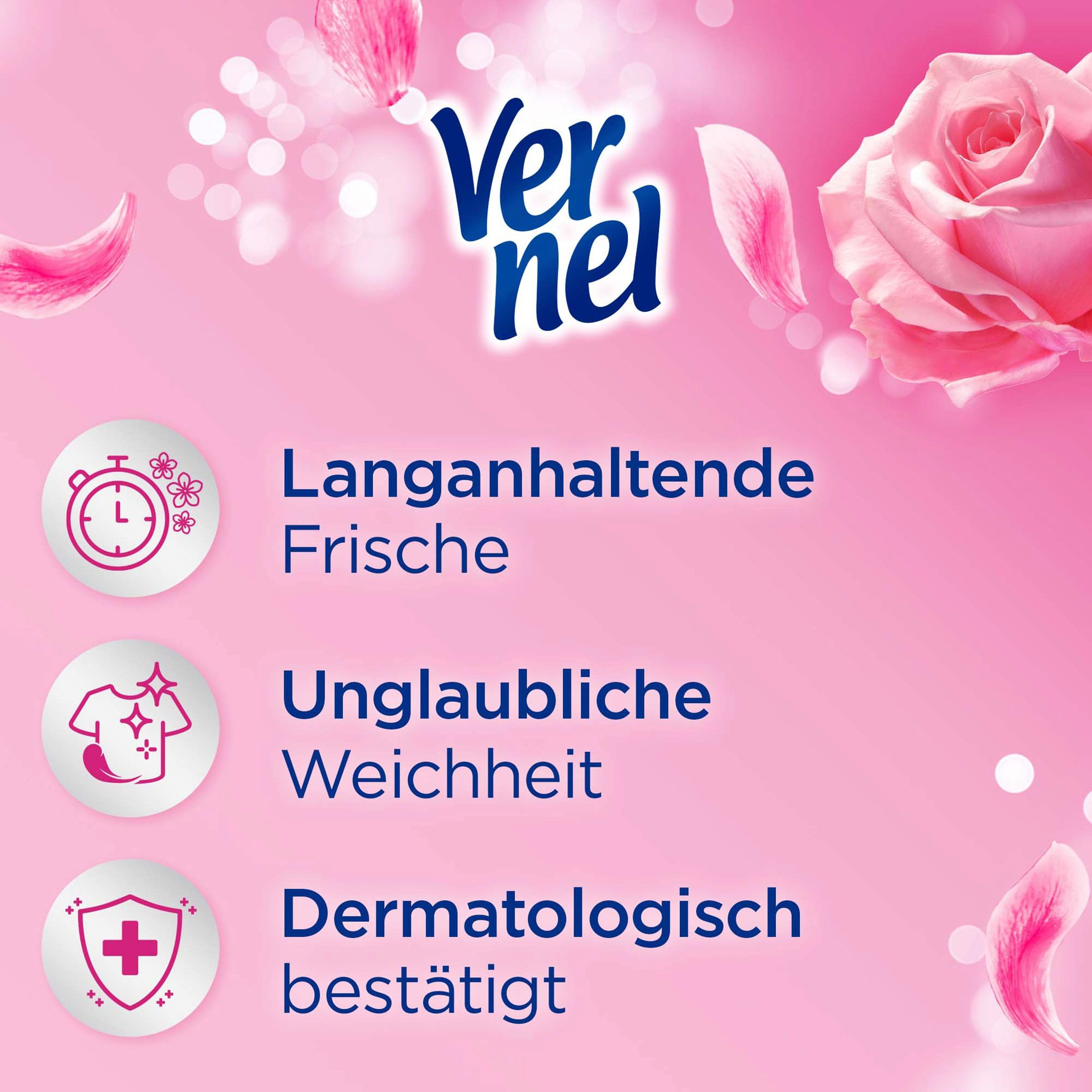 Vernel Wildrose Weichspüler (6x34 Waschladungen), Wäscheduft für 24 Stunden & 7 Tage langanhaltende Frische mit einzigartiger Duft-Technologie, recycelbare Flasche