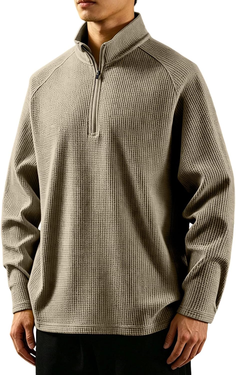 Mens Waffle Knit 1/4 Zip Pullover Long Sleeve Stand Collar Loose Sweatshirt Fall Winter Fashion Casual Sweater Tops
