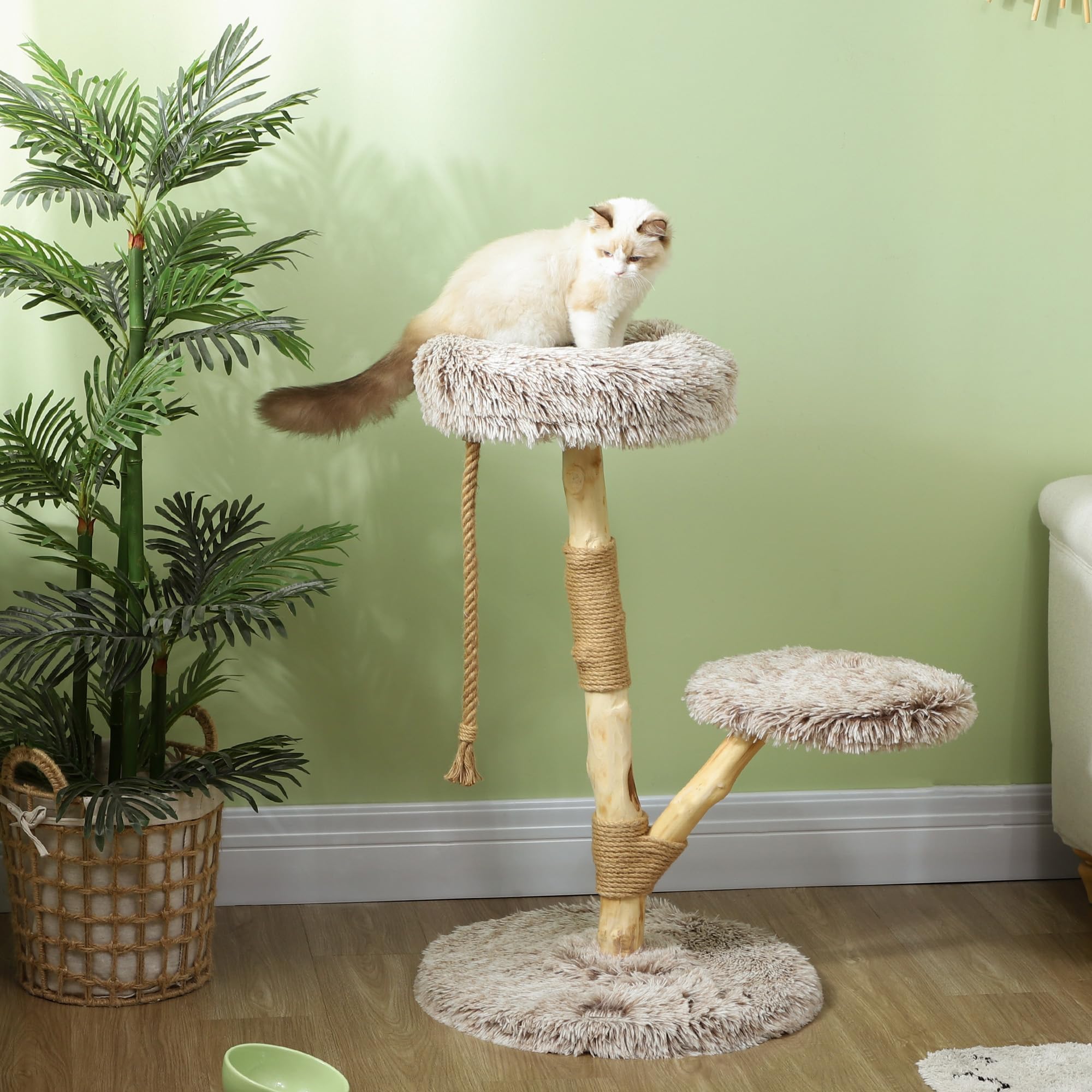 PawHut Cat Tree Tower, 35 Inch Modern Cat Tree for Indoor Adult Cats with Wooden Natural Branch Scratching Posts, Cat Bed & Rope Cat Toy, Brown