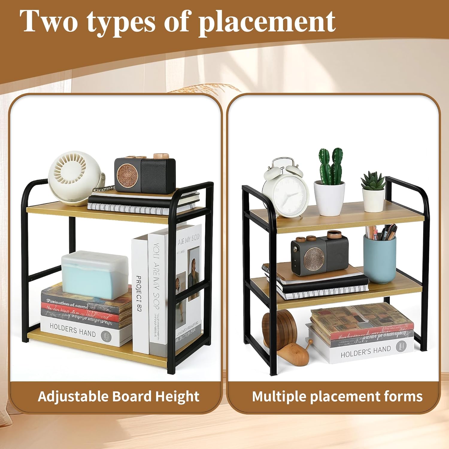 Desktop Shelf Organizer Office Desk Shelf for Top of Desk Wood & Metal Bookshelf Supplies Storage Rack (Black&Walnut)