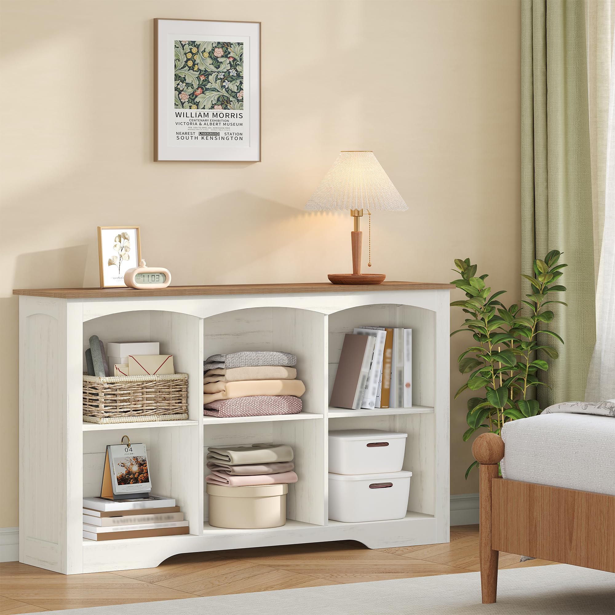Bücherregal Regal mit 6 Fächern, 106 x 34 x 80 cm, Weiß und Braun | Würfelregal, Offenes oberes Ablagefach, für Wohnzimmer, Büro, Schlafzimmer und Küche, FFSG003FWR1
