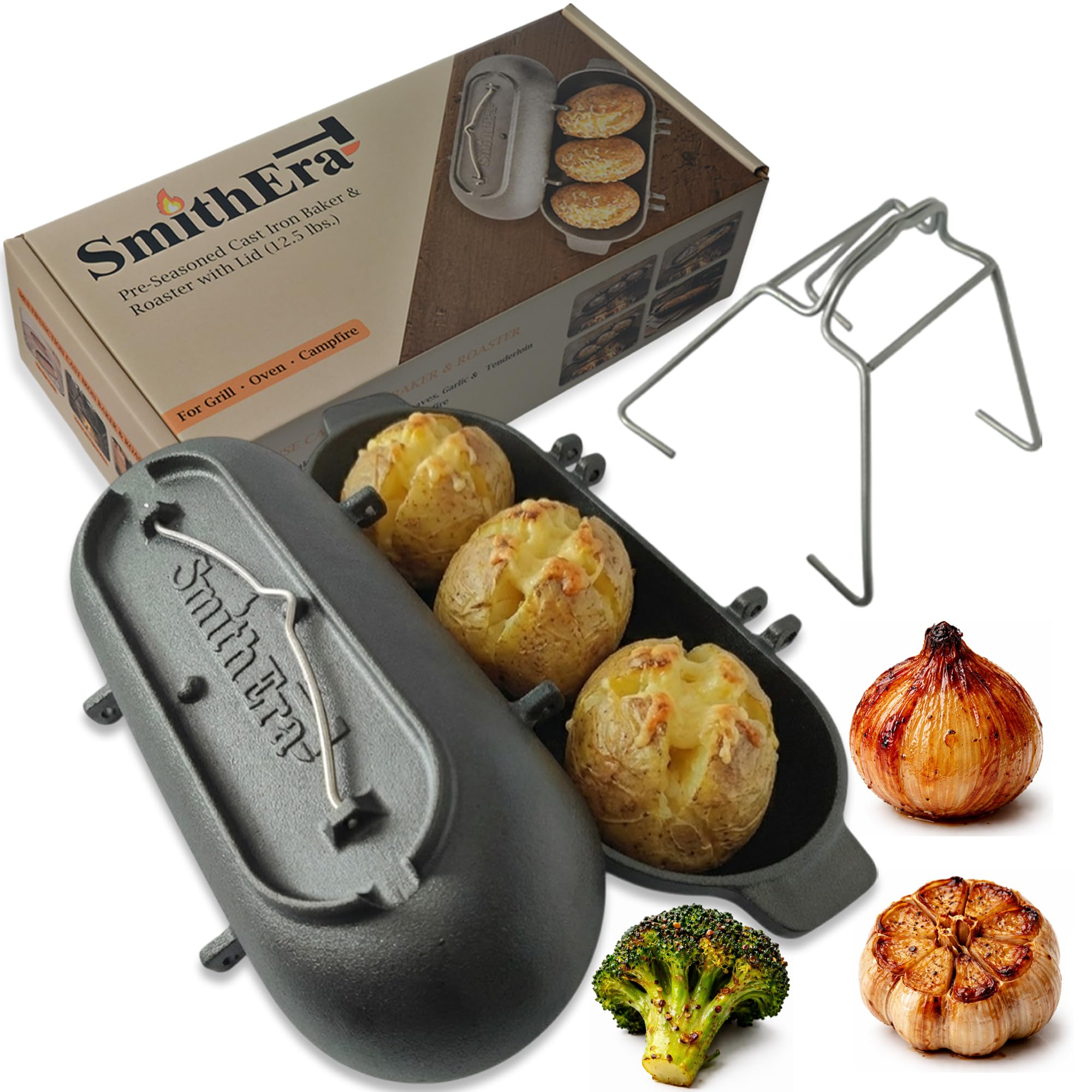 Cast Iron Potato Baker for Grill, Oven & Campfire with Hanging Handles – Pre-Seasoned Multi-Use Cast Iron Bread Pan with Lid for Garlic, Vegetables, Meat & Fish