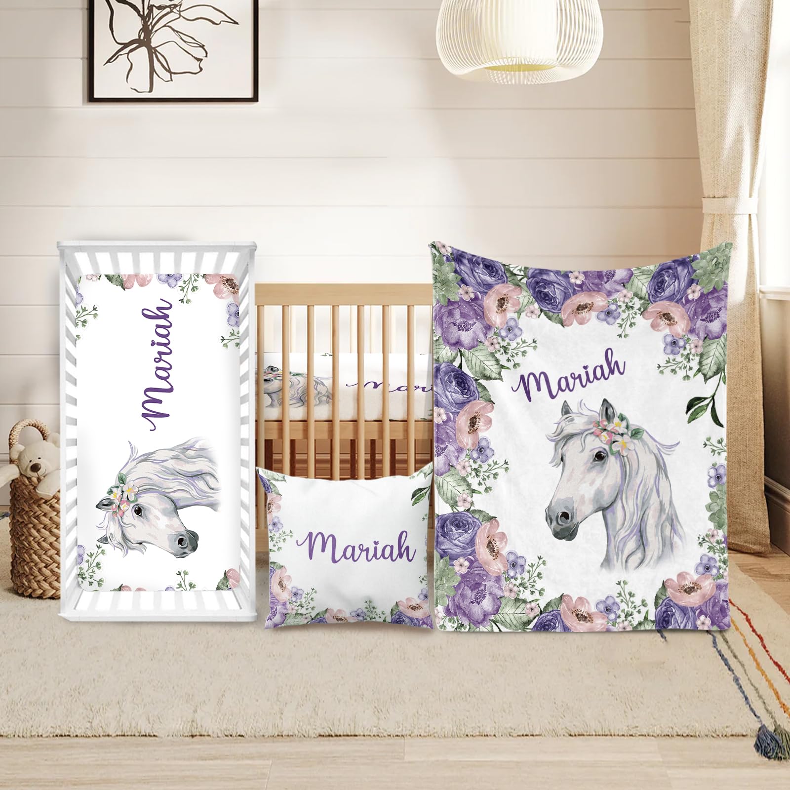 Juego de ropa de cama personalizado para cuna, diseño de caballo, juego de ropa de cama de 3 piezas, manta suave y elegante, sábana, funda de almohada para recién nacidos, niños y niñas,