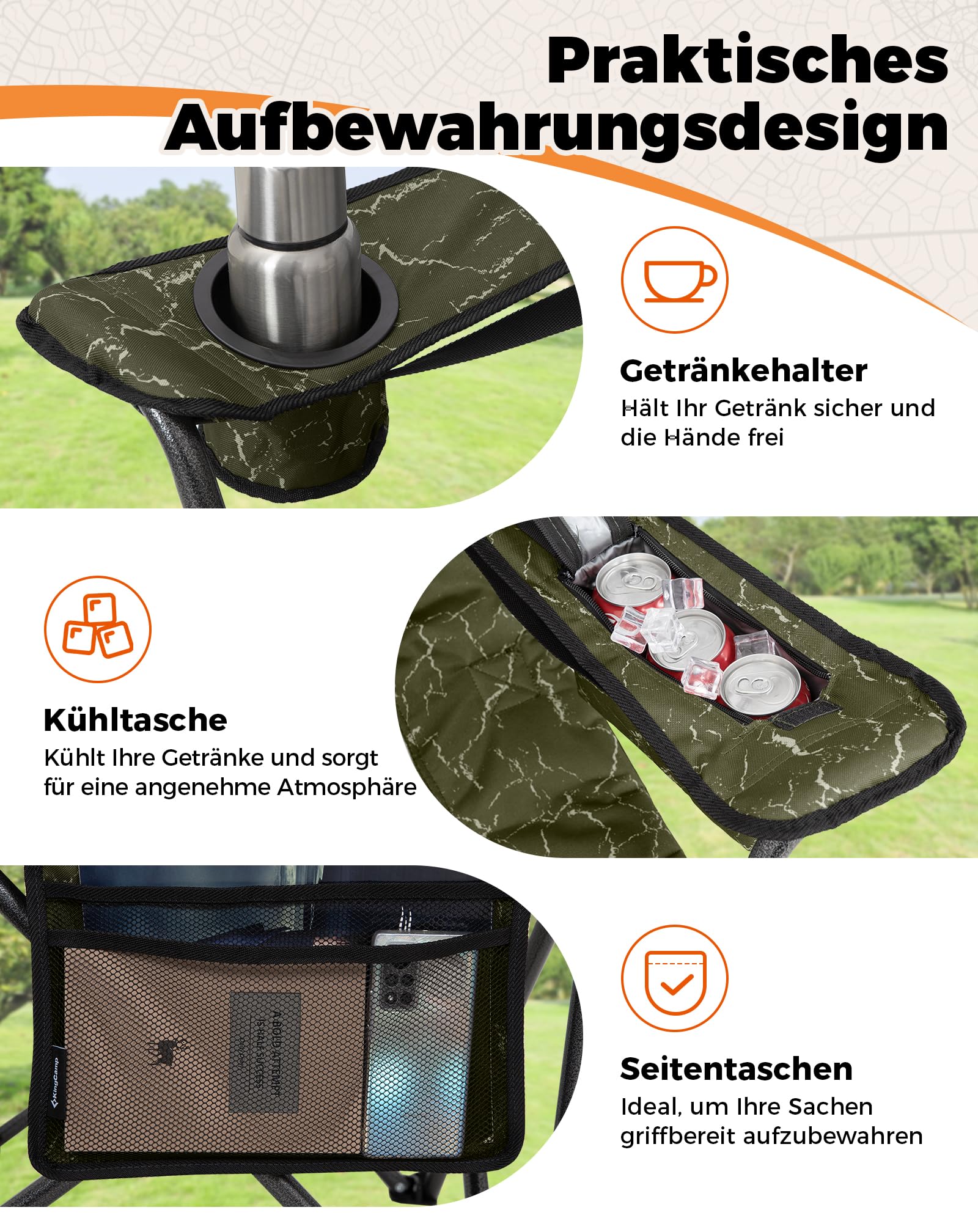KingCamp 2er XXL Campingstuhl Faltbar bis 205 kg, Übergroßer Camping Stuhl Klappbar Gepolster mit Verstellbarer Rückenlehne Kühltasche Getränkehalter, Klappstuhl Camping mit Hochlehner Bequem, Grün