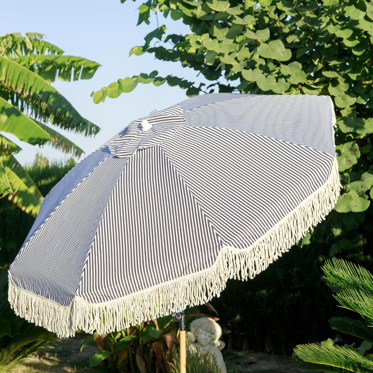 newgarden - Sombrilla Naranja de Tela y Flecos para Exterior, Playa, Jardin Ø 220 cm Plegable. Estructura de Acero Inoxidable Altura Ajustable para la Terraza y el Balcón