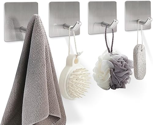 iBath Sus304 - Paquete de 4 ganchos adhesivos para toallas, ganchos de pared de acero inoxidable sin rastro para baño o cocina, para colgar abrigos,