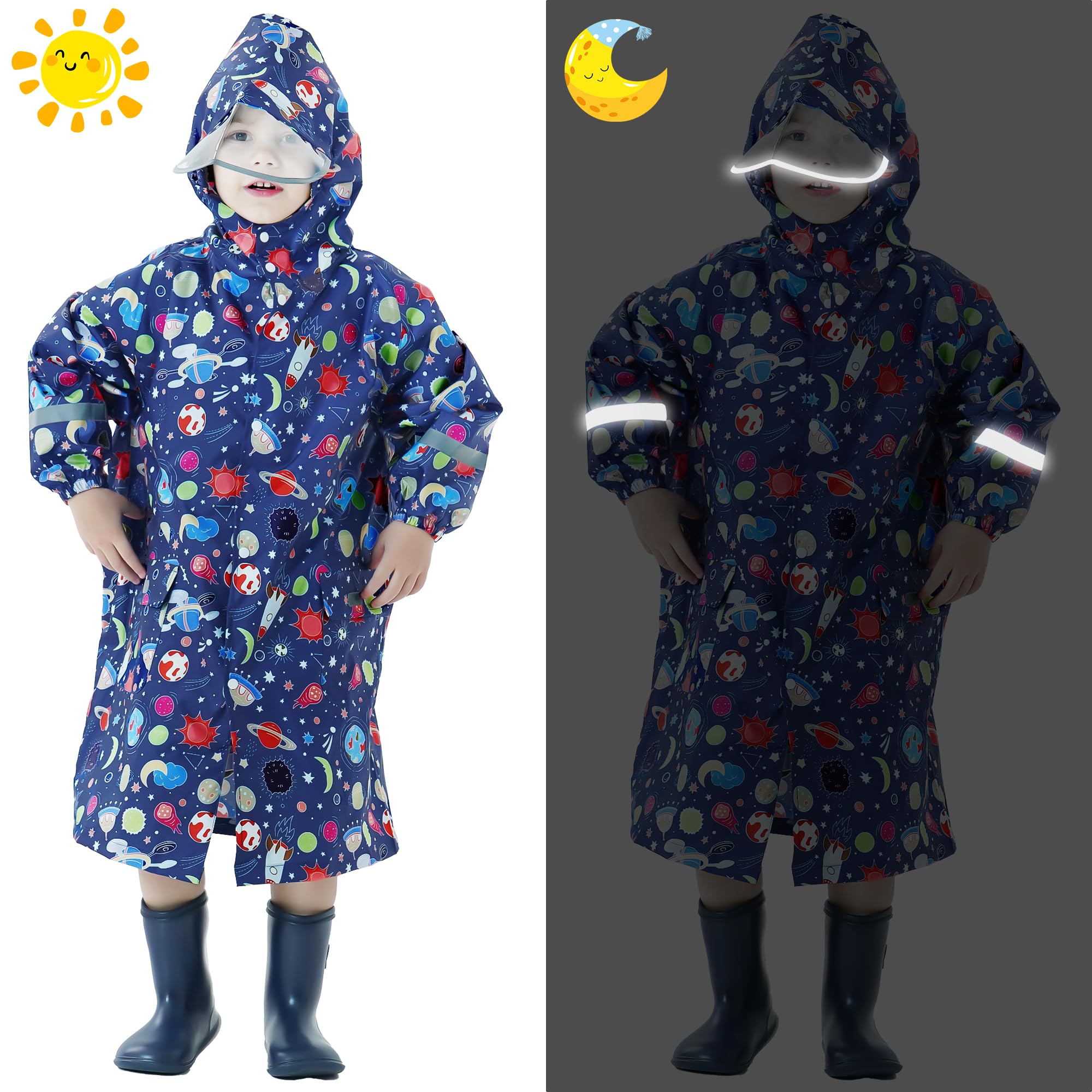 Chubasquero para Niñas Poncho Impermeable Ligero Lindos Poncho de Lluvia con Capucha y Rayas Reflectantes Plegable Chaqueta Impermeable Unisex Infantil 3-12 años