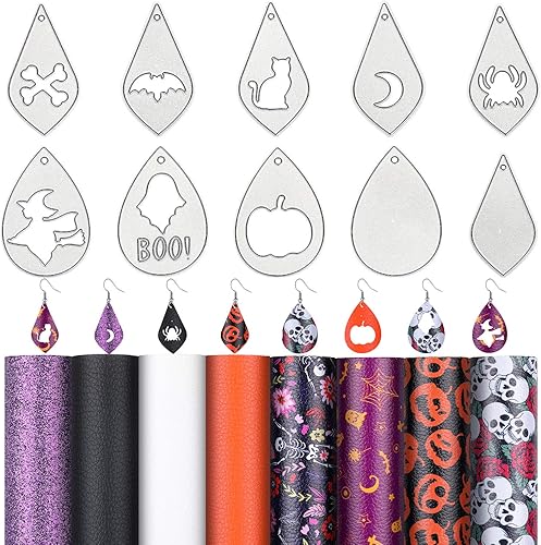 10 piezas de aretes temáticos de Halloween, troqueles de corte de lágrima de metal, moldes troquelados y 8 hojas de cuero sintético para Halloween,