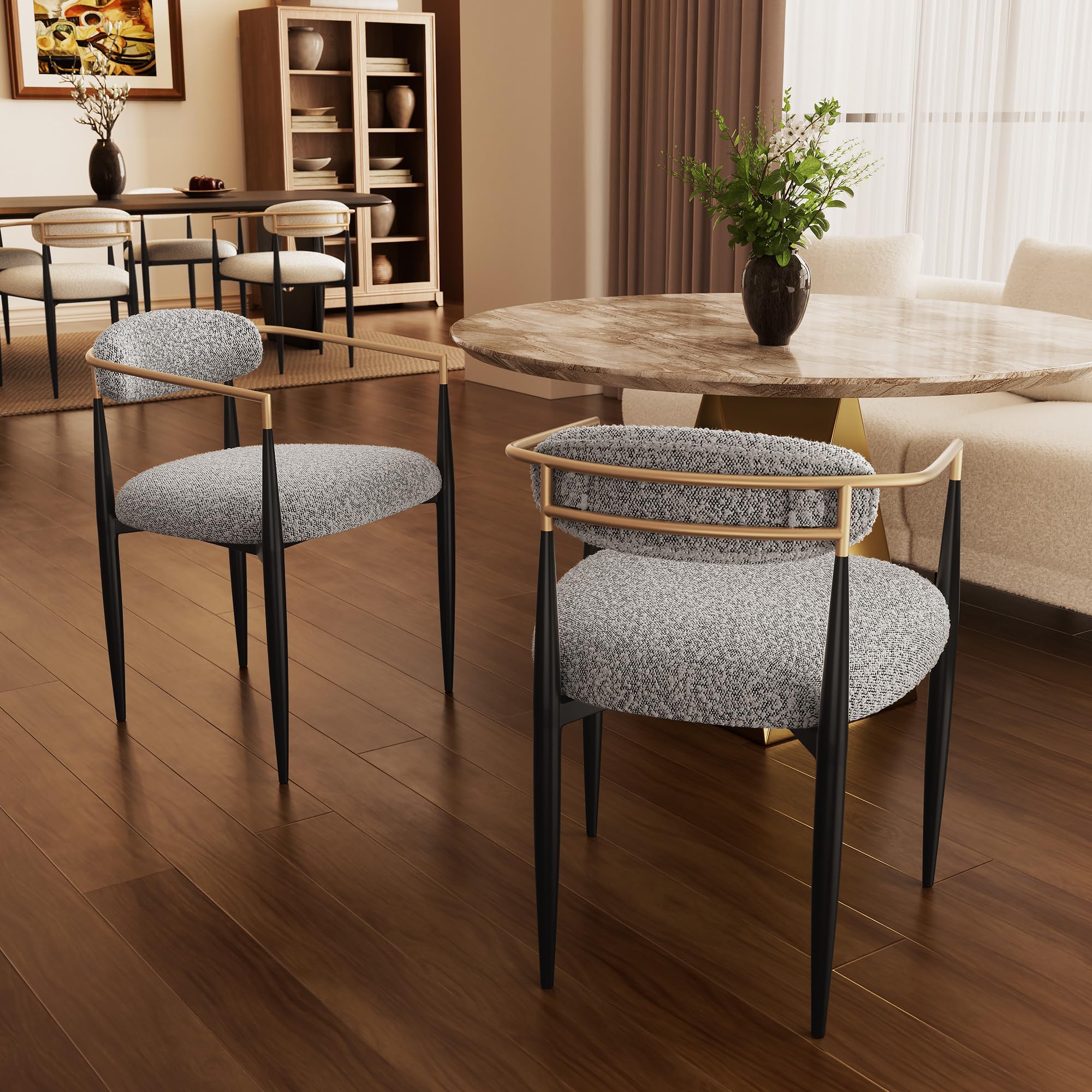 Morden Fort Modern Boucle Dining Chair, Grey Armchair Set of 2, Luxury Upholstered Metal Curved Backrest Chairs for Kitchen, Reception Room, Living Room, Bedroom, Restaurant, Café