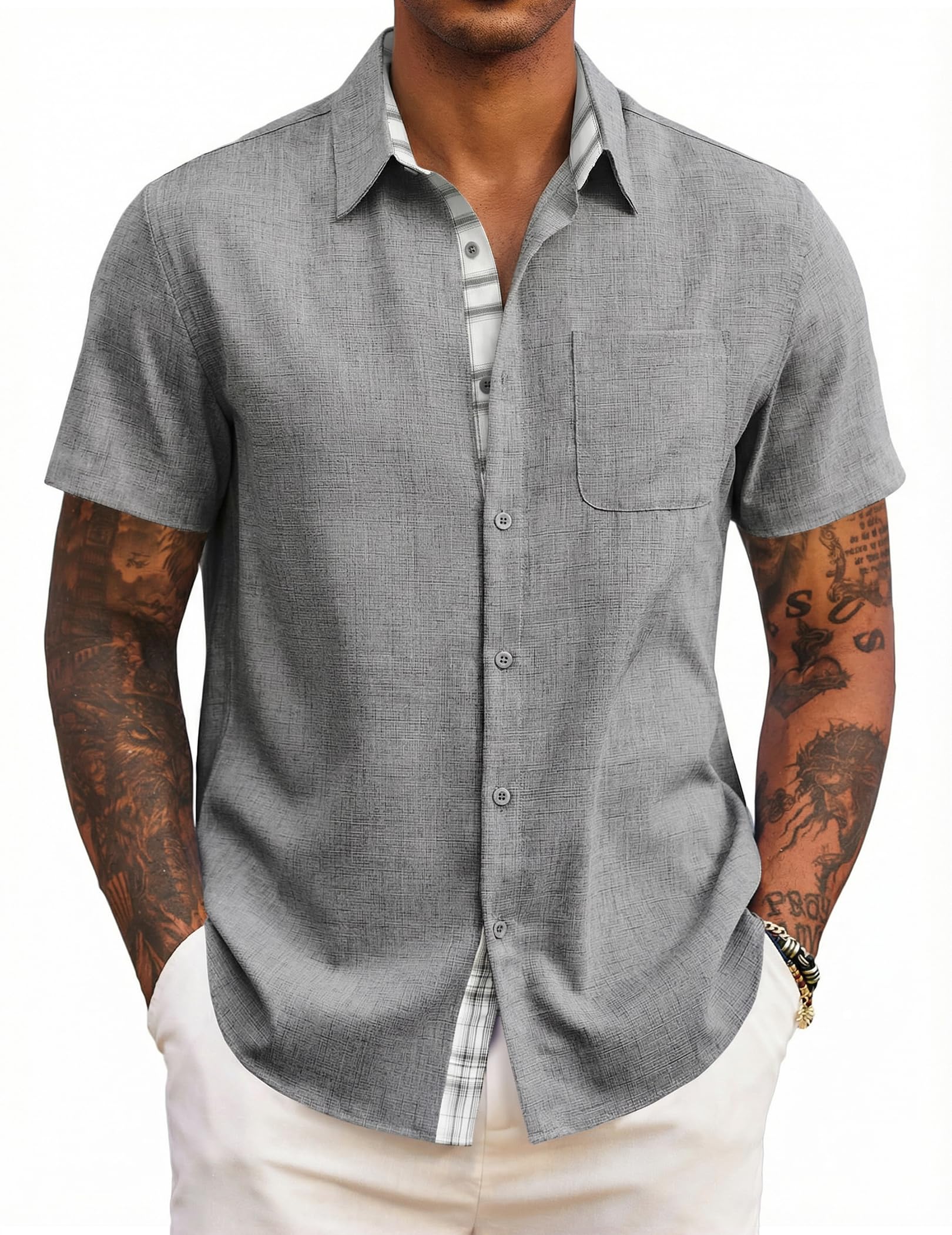 COOFANDY Herren Hemd Kurzarm Sommer Freizeithemd Regular Fit Casual Strand Hemd mit Karierte Hemdleiste Hellgrau XXL