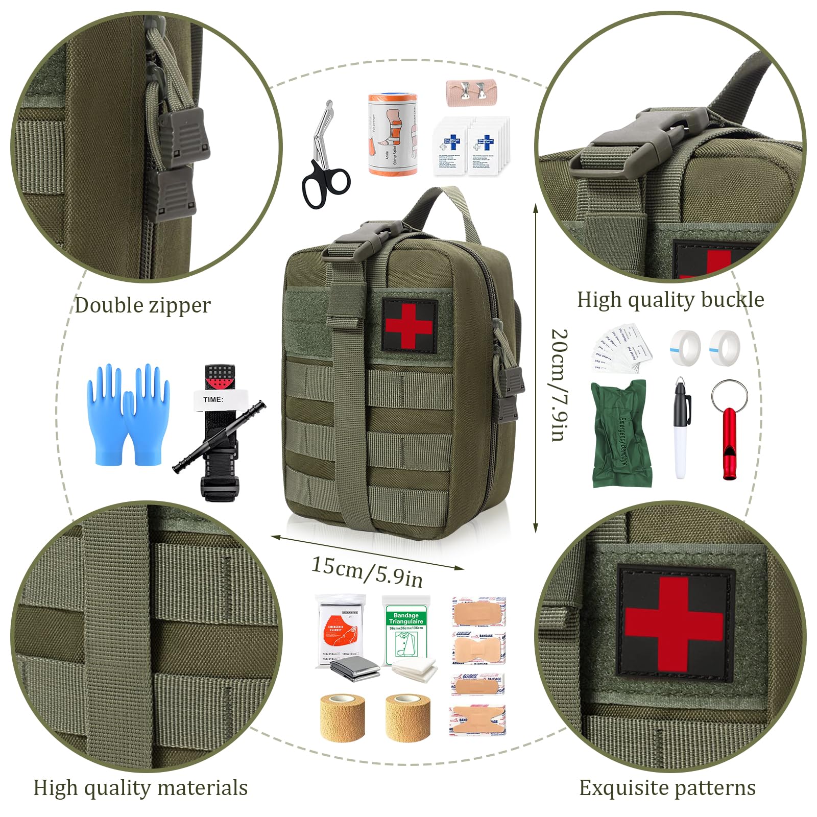 61 Stück Erste Hilfe Set Outdoor, Survival Set First Aid Kit, Trauma Erste Hilfe Tasche, First Aid Kit Military, Notfall Trauma Survival Ausrüstung, für Camping Wandern Radfahren Klettern und Reisen