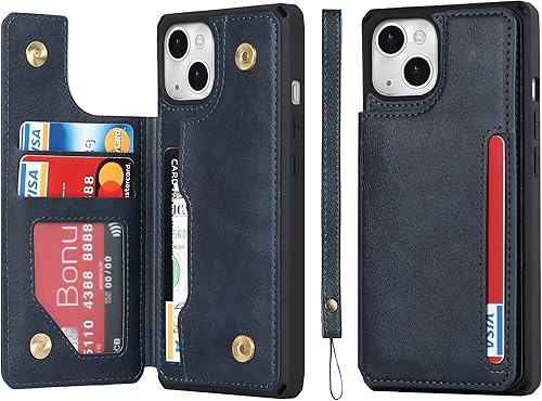 iCoverCase Funda tipo cartera compatible con iPhone 14 Plus con ranuras para tarjetas y correa para la muñeca, piel sintética, doble cierre