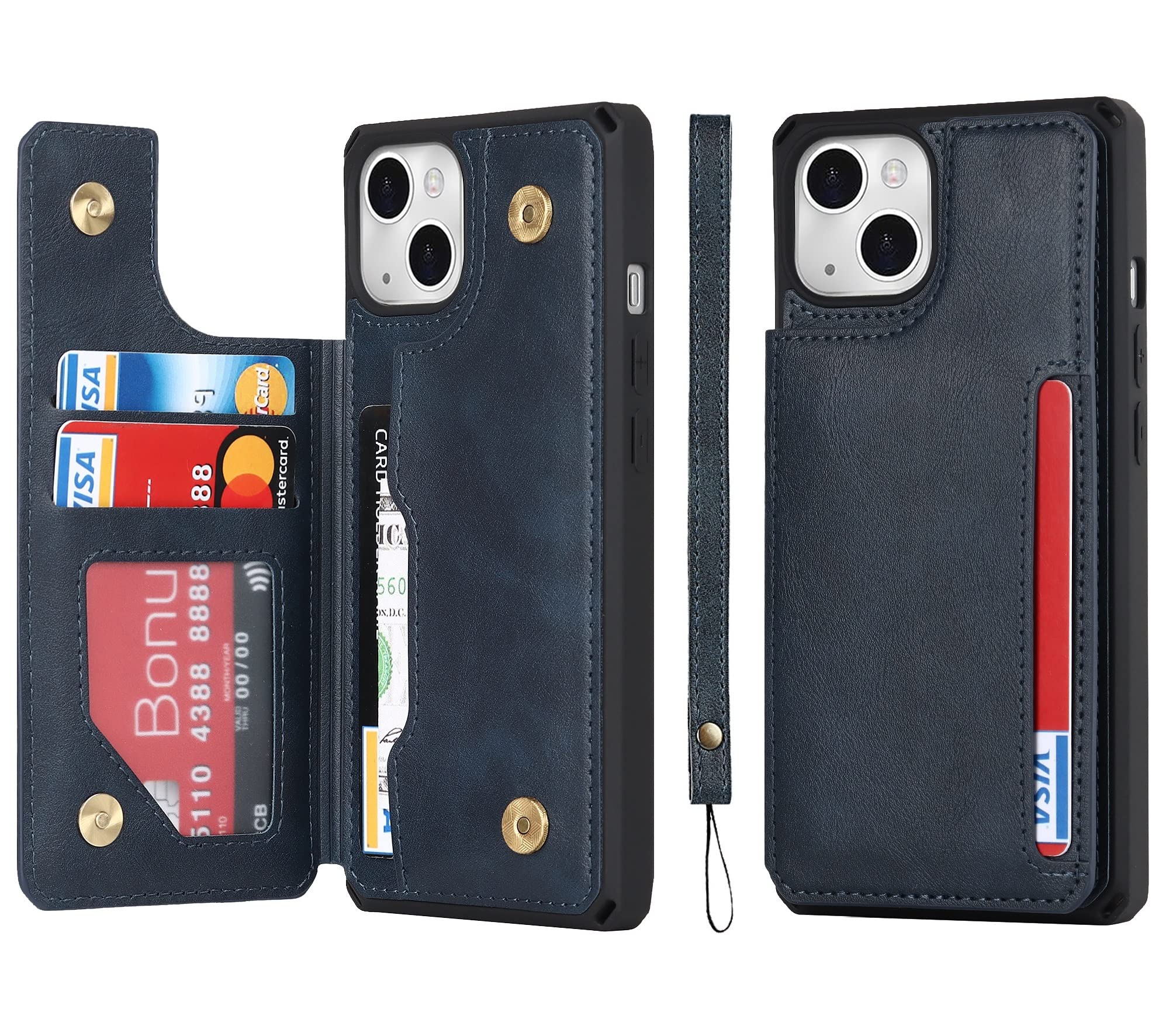 iCoverCase Compatible with iPhone 14 Plus Wallet Case with Card Slots Holder and Wrist Strap PU Leather Kickstand Double Magnetic Clasp Shockproof Cover Case 6.7 Inch (Blue)