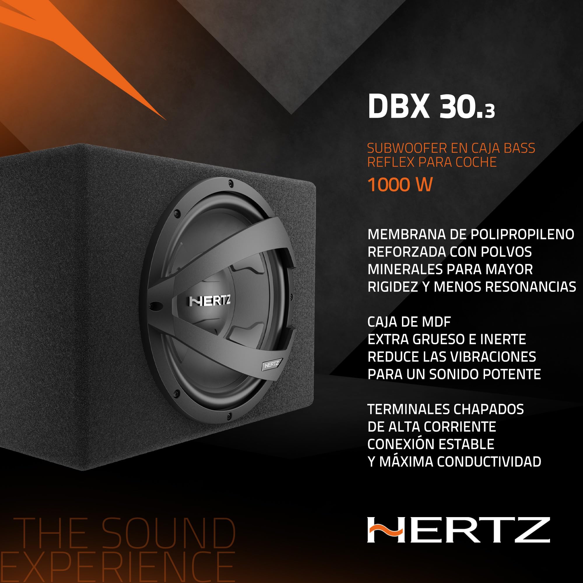 Hertz DBX 30.3 subwoofer en Caja Bass-Reflex 300 mm, 1000 W | 12 pulgadas, polipropileno con mica, 250 W RMS, 28-300 Hz, imán de ferrita