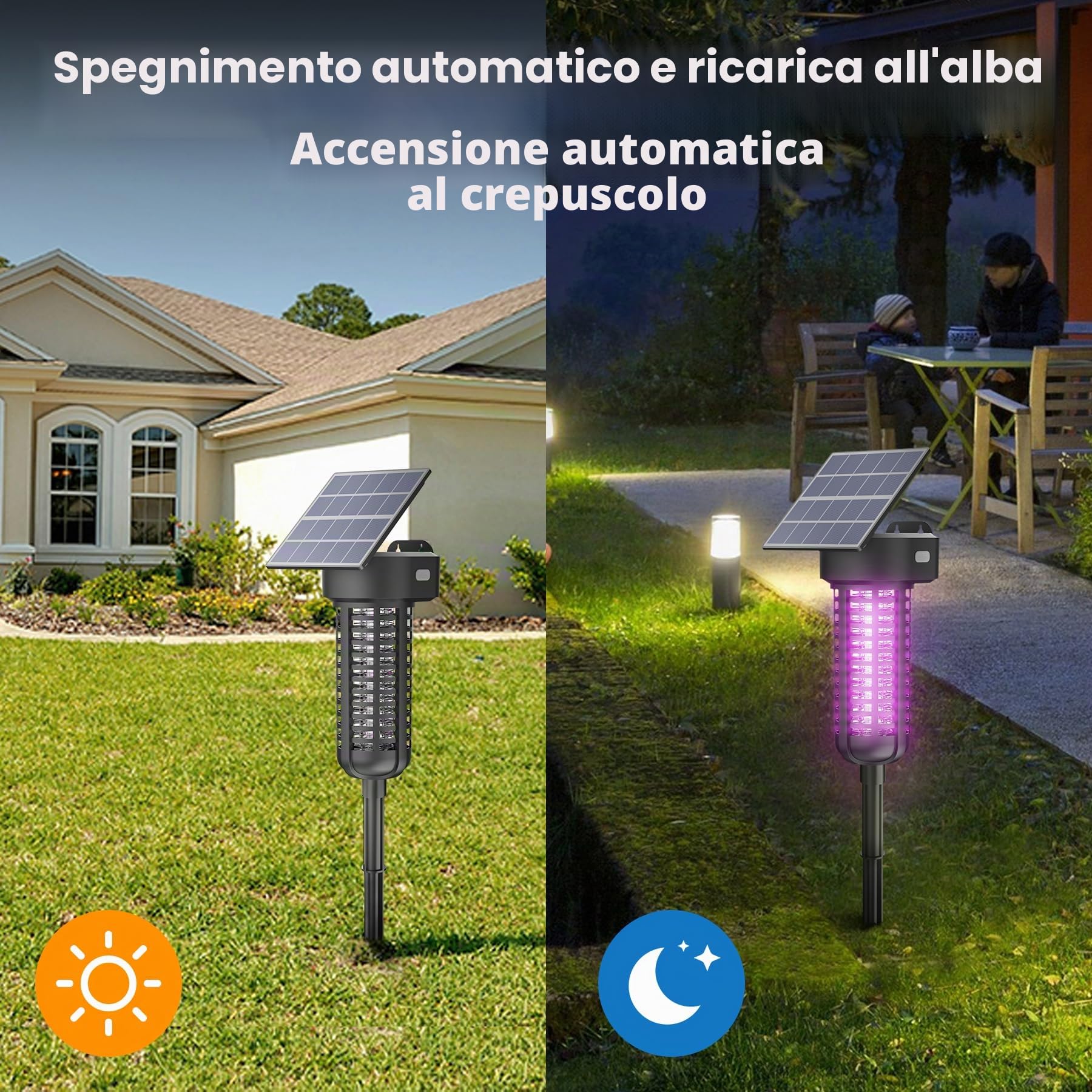 Lampada antizanzare a energia solare, confezione da 2, impermeabile, per esterni, con accensione/spegnimento automatico, senza fili, da giardino, colore: nero