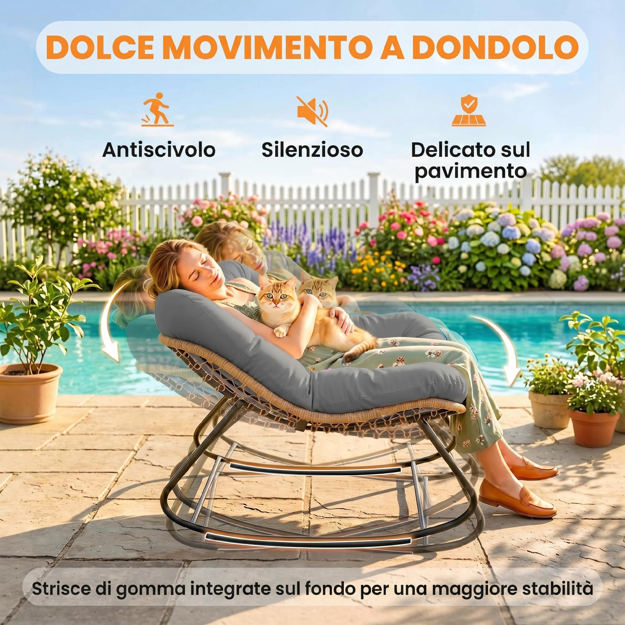 Outsunny Sedia a Dondolo da Esterni ed Interni con Seduta Extra Larga da 60 cm e Cuscino Imbottito, Poltrona Papasan da Giardino, Salotto, Giardino, Patio, Balcone, Grigio