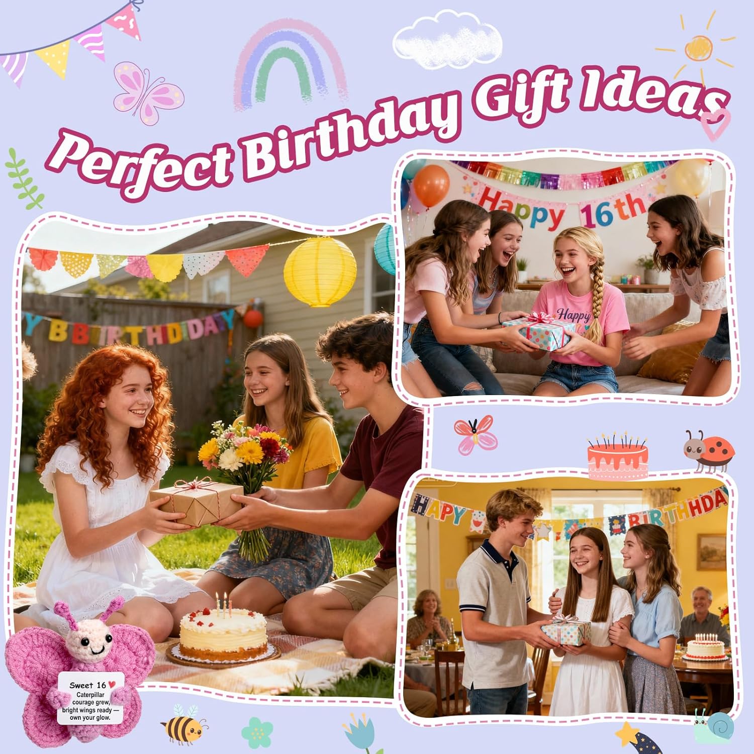 Sweet 16 Gift for Girls – Mini Crochet Butterfly Plush with 16th Birthday Message Sign, Handmade 4-inch, 16 Year Old Gift Idea, Kawaii Desk Shelf Decor, Coming-of-Age Present - Image 6